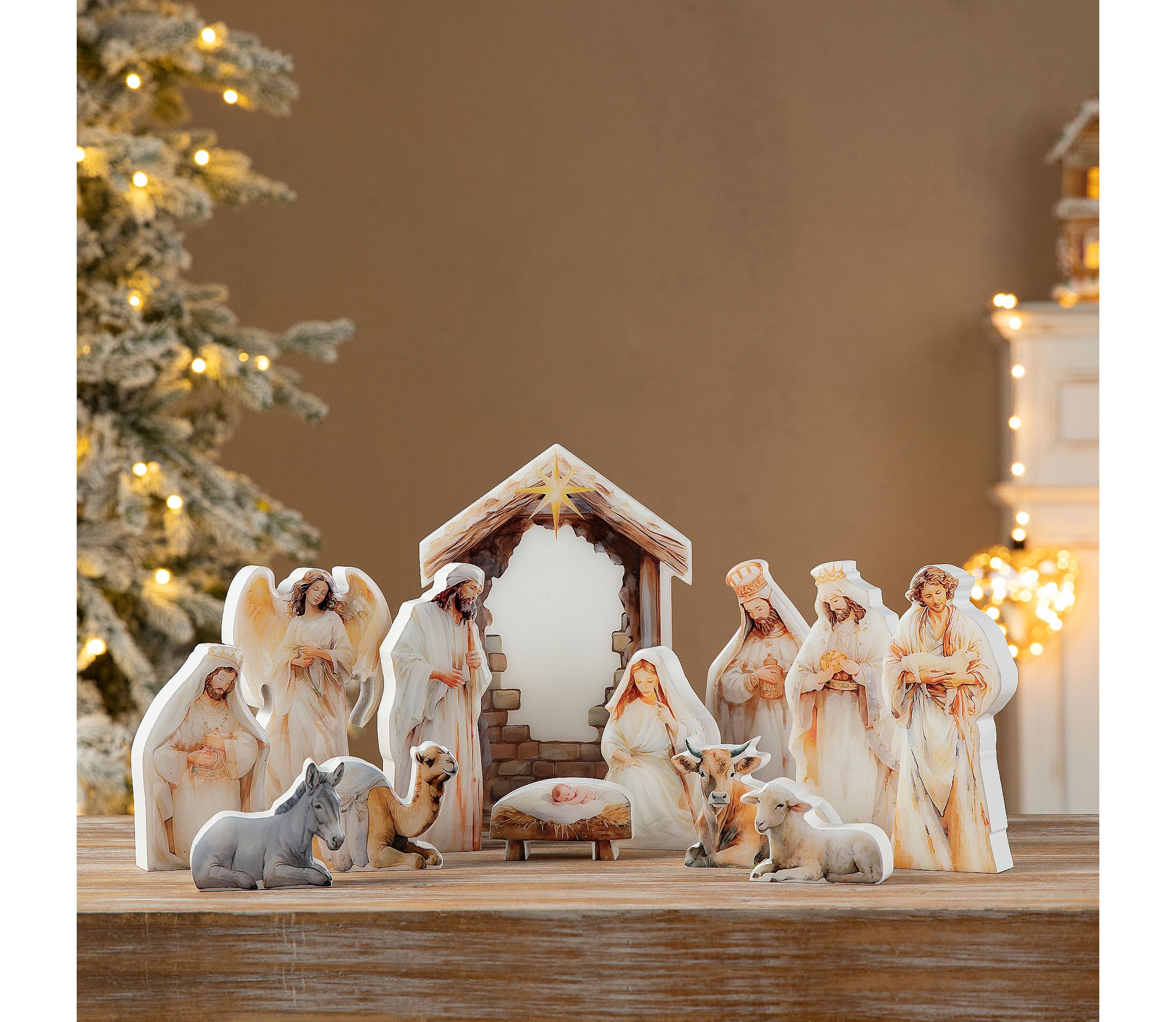 13pcs Christmas Wooden & Epoxy Resin Nativity Figurine Set