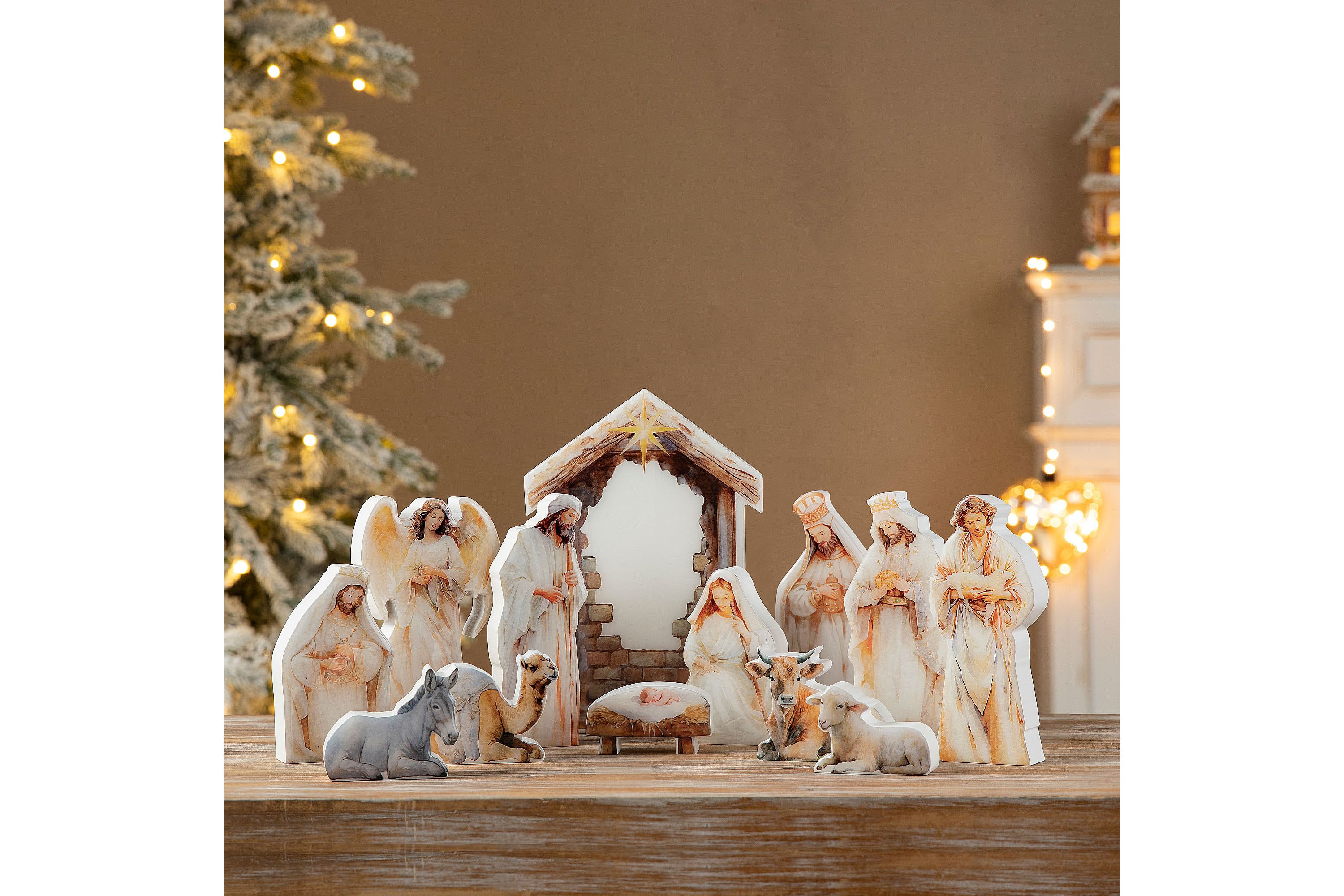 13pcs Christmas Wooden & Epoxy Resin Nativity Figurine Set