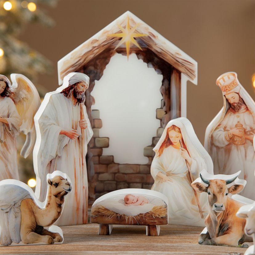 13pcs Christmas Wooden & Epoxy Resin Nativity Figurine Set