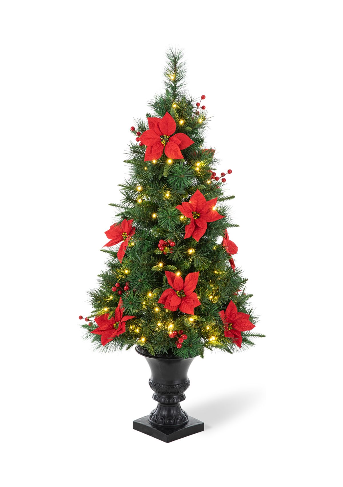 4 Pre-Lit Pine Artificial Christmas Porch Tree with Lights, Poinsettia and Red Berries