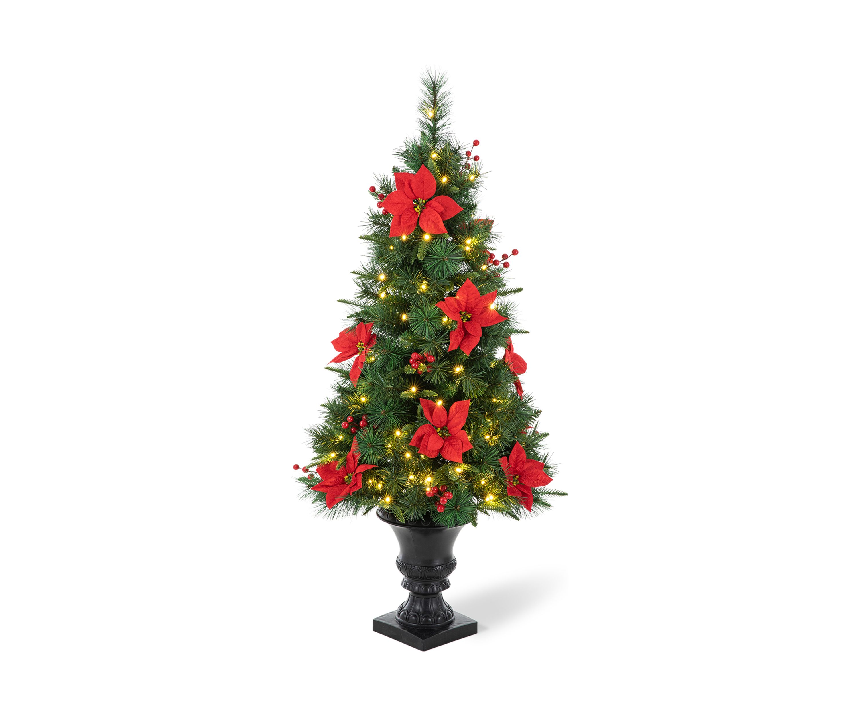 4 Pre-Lit Pine Artificial Christmas Porch Tree with Lights, Poinsettia and Red Berries