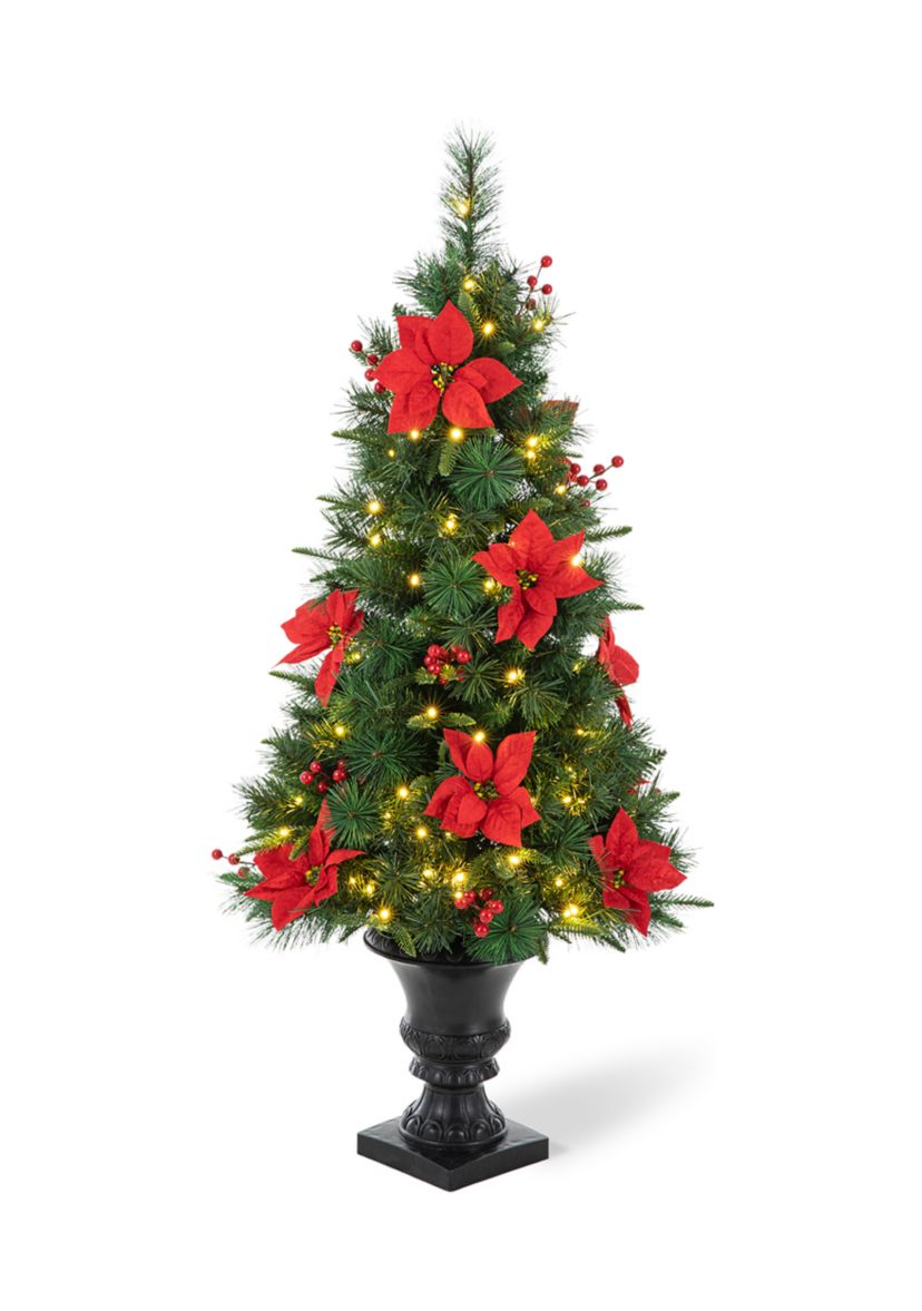 4 Pre-Lit Pine Artificial Christmas Porch Tree with Lights, Poinsettia and Red Berries