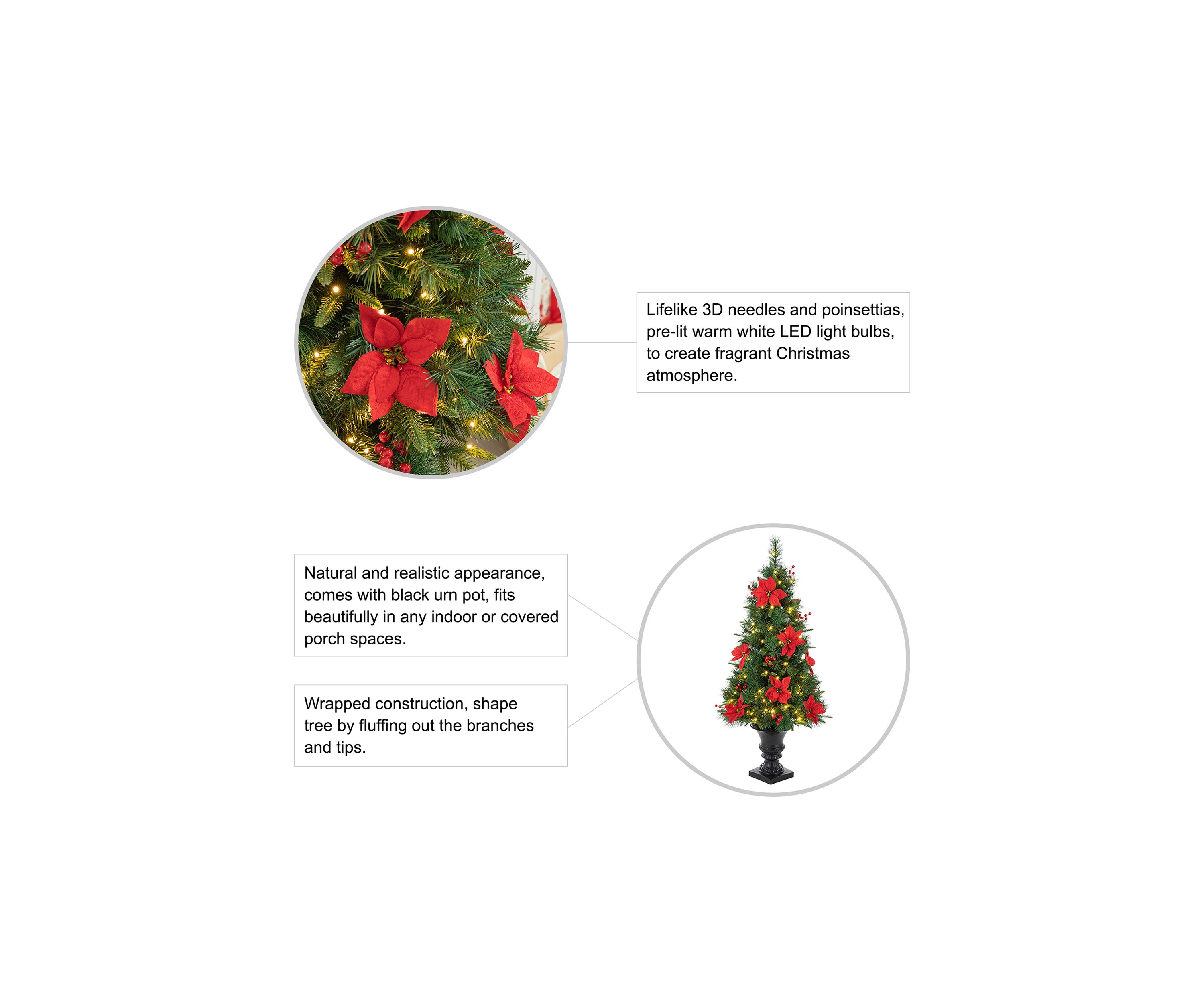 4 Pre-Lit Pine Artificial Christmas Porch Tree with Lights, Poinsettia and Red Berries