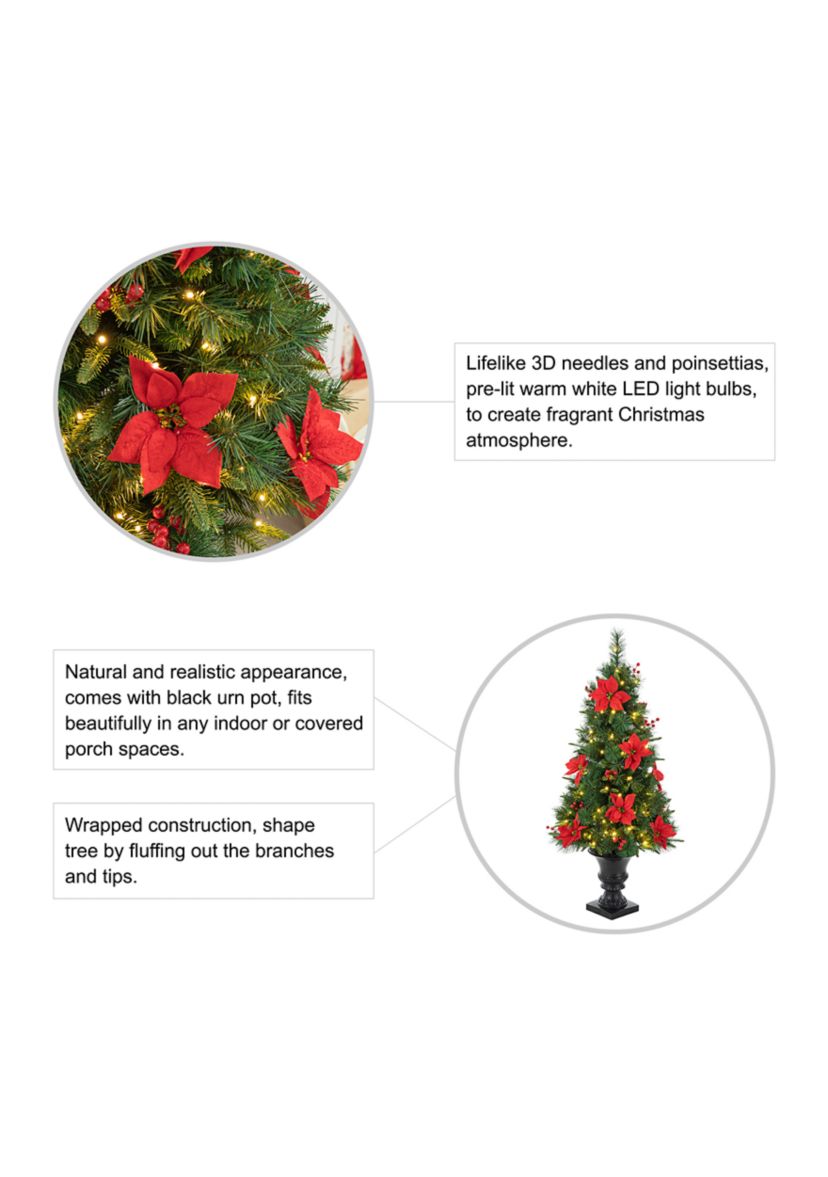 4 Pre-Lit Pine Artificial Christmas Porch Tree with Lights, Poinsettia and Red Berries