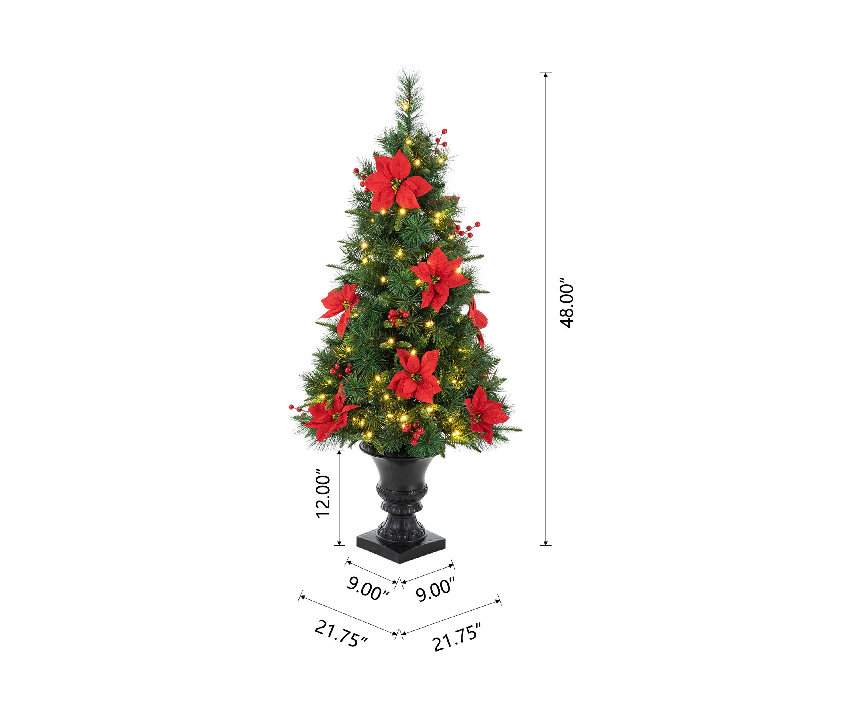 4 Pre-Lit Pine Artificial Christmas Porch Tree with Lights, Poinsettia and Red Berries