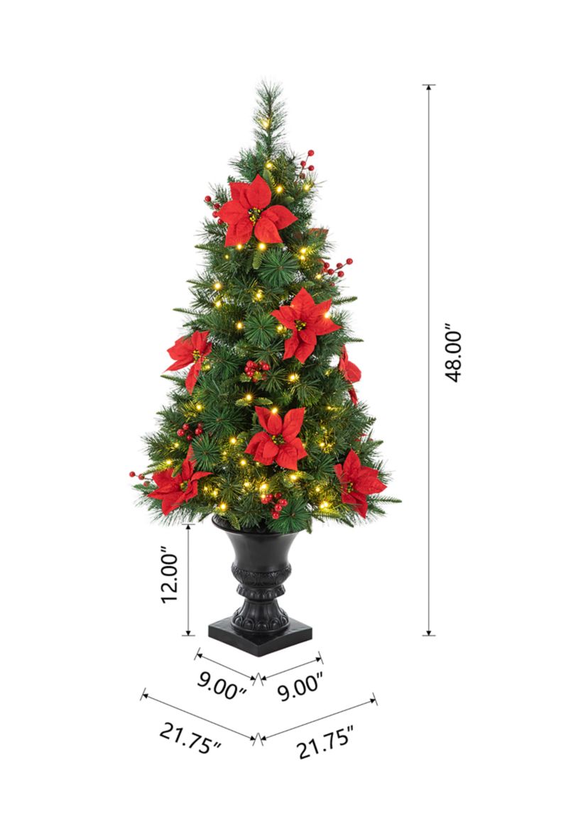 4 Pre-Lit Pine Artificial Christmas Porch Tree with Lights, Poinsettia and Red Berries