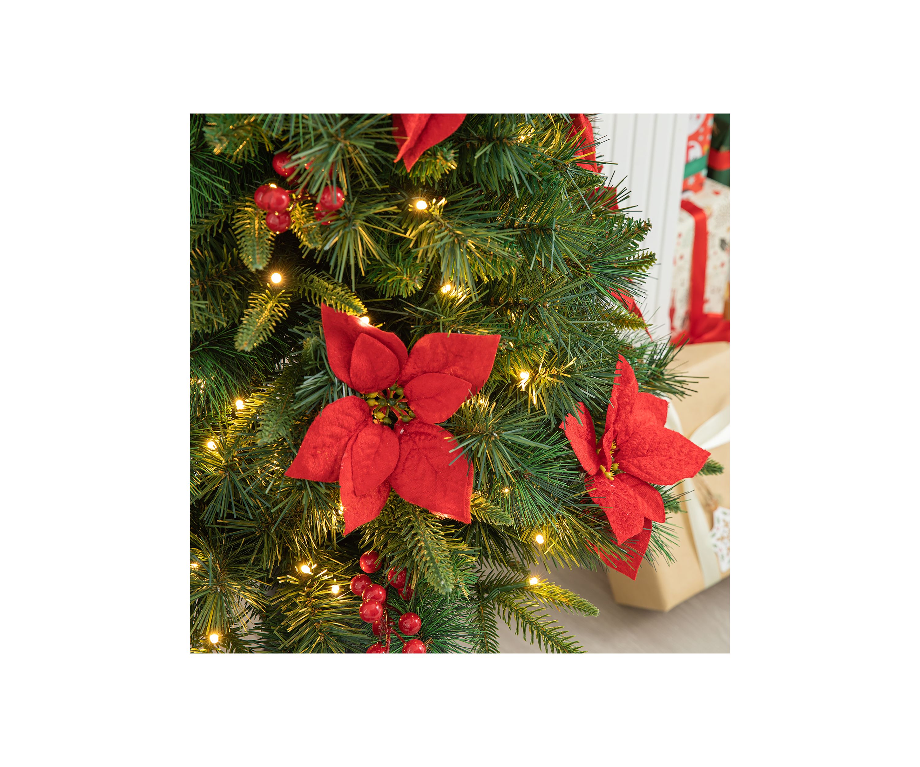 4 Pre-Lit Pine Artificial Christmas Porch Tree with Lights, Poinsettia and Red Berries