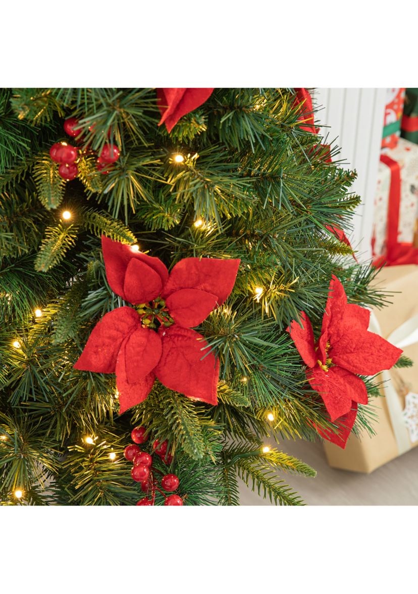 4 Pre-Lit Pine Artificial Christmas Porch Tree with Lights, Poinsettia and Red Berries