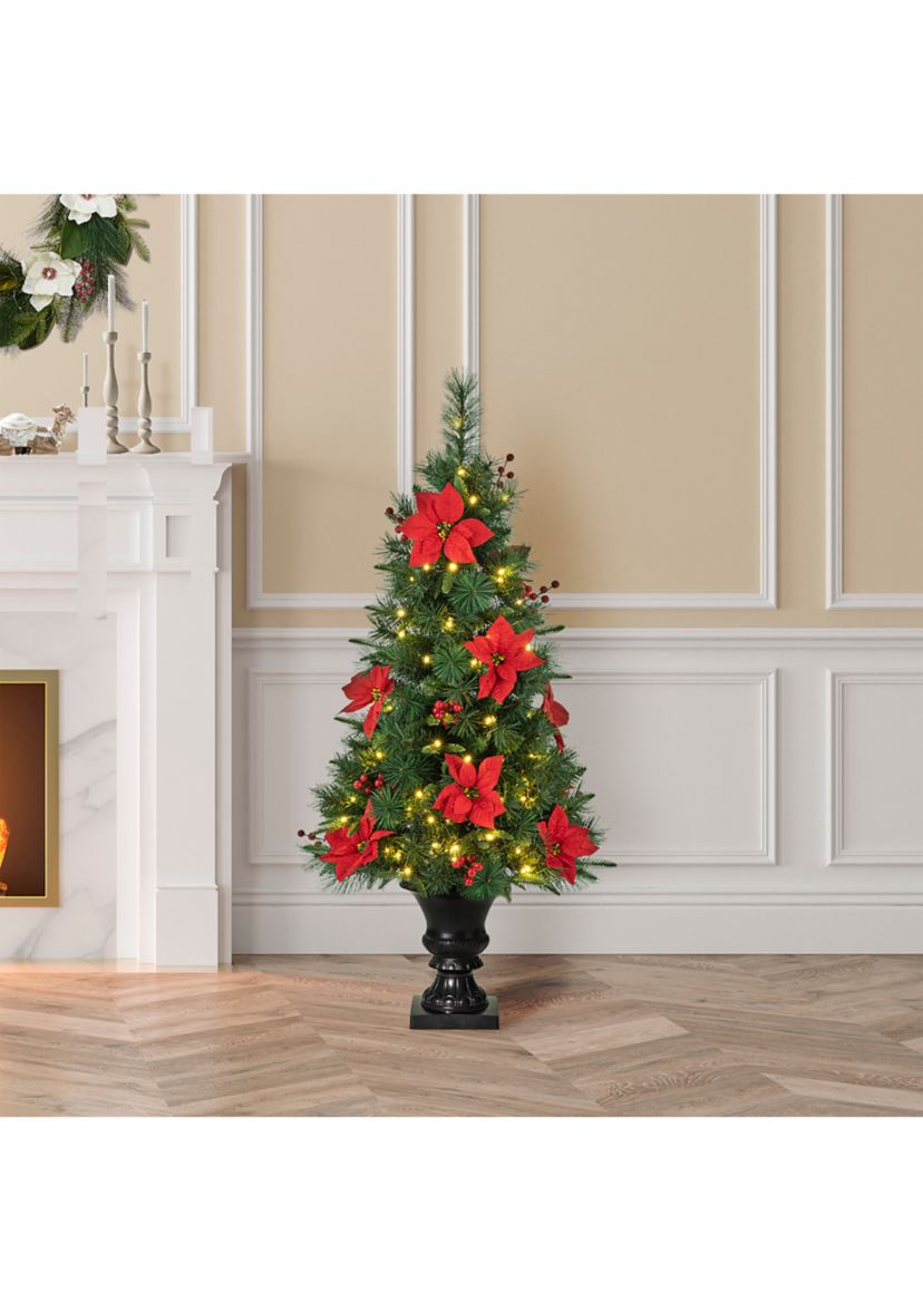4 Pre-Lit Pine Artificial Christmas Porch Tree with Lights, Poinsettia and Red Berries