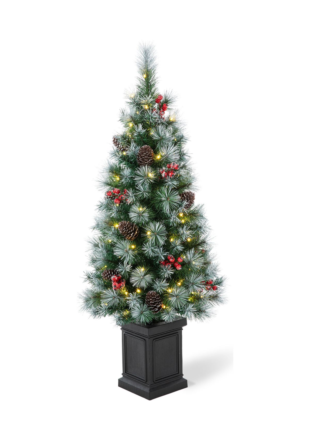 4 Pre-Lit Pine Artificial Christmas Porch Tree with Lights, Pinecones and Red Berries