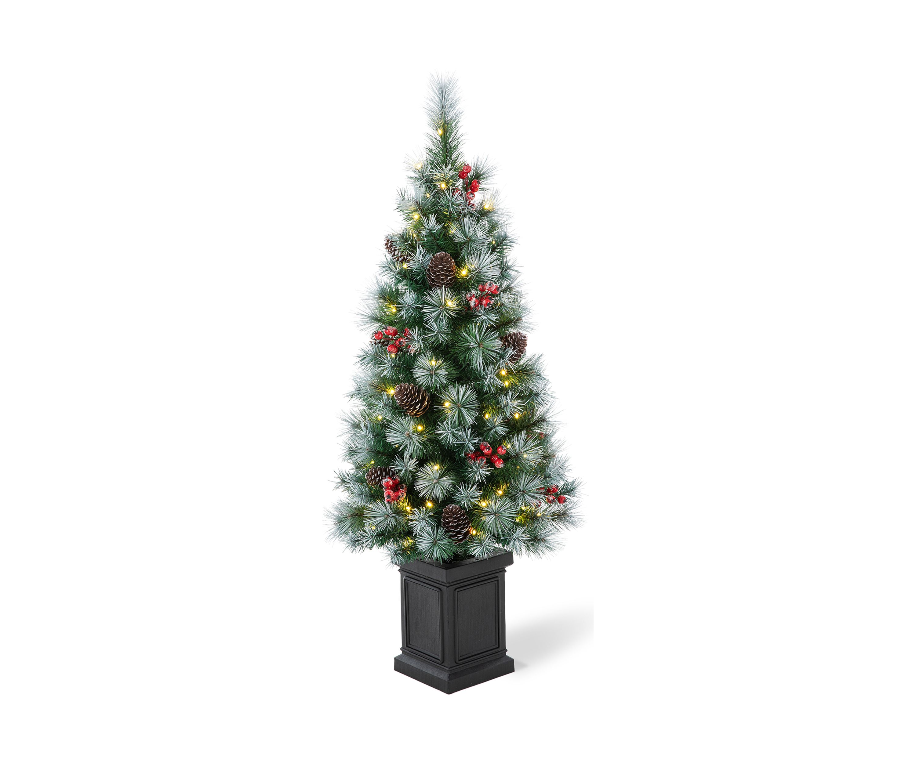 4 Pre-Lit Pine Artificial Christmas Porch Tree with Lights, Pinecones and Red Berries