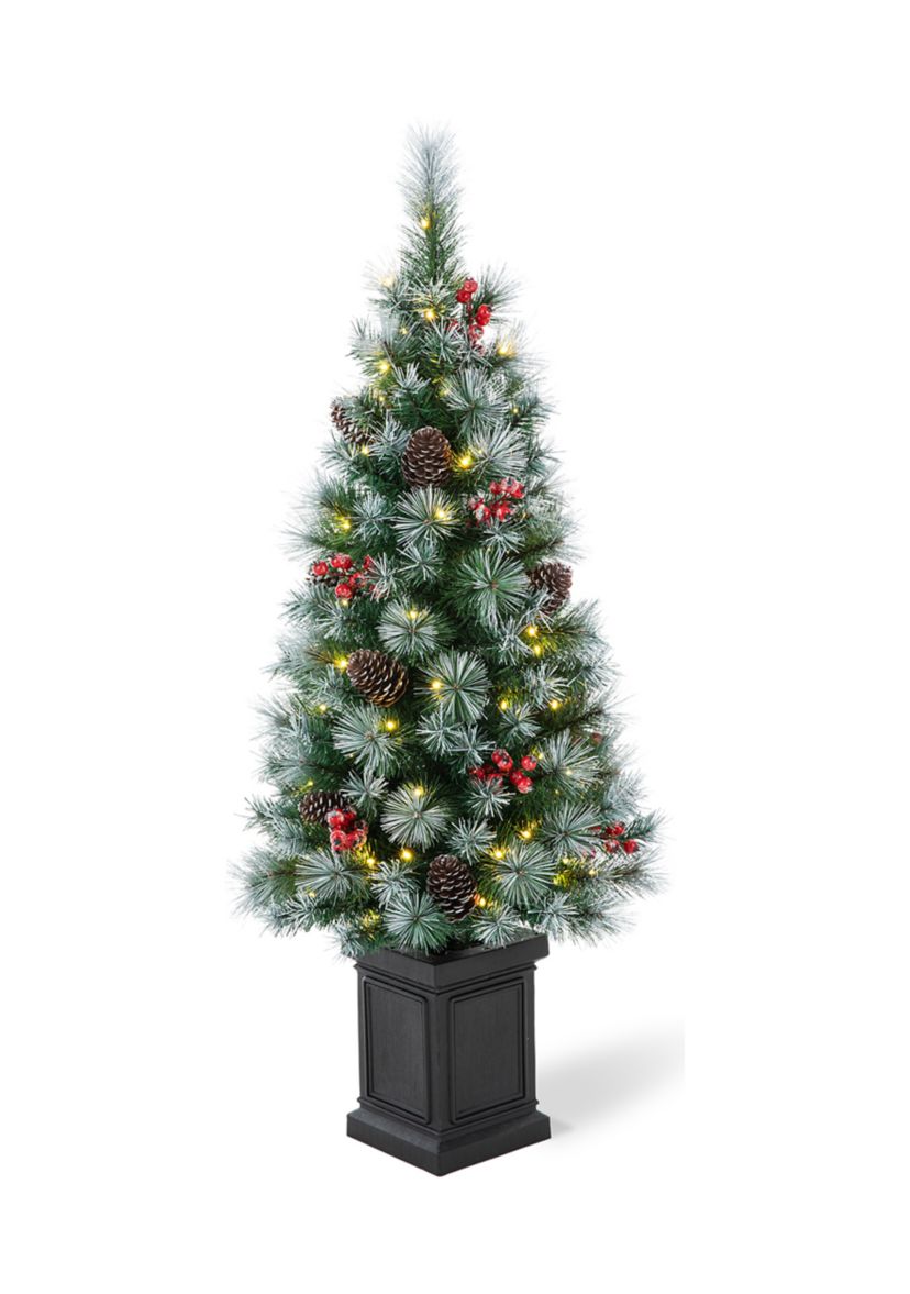4 Pre-Lit Pine Artificial Christmas Porch Tree with Lights, Pinecones and Red Berries