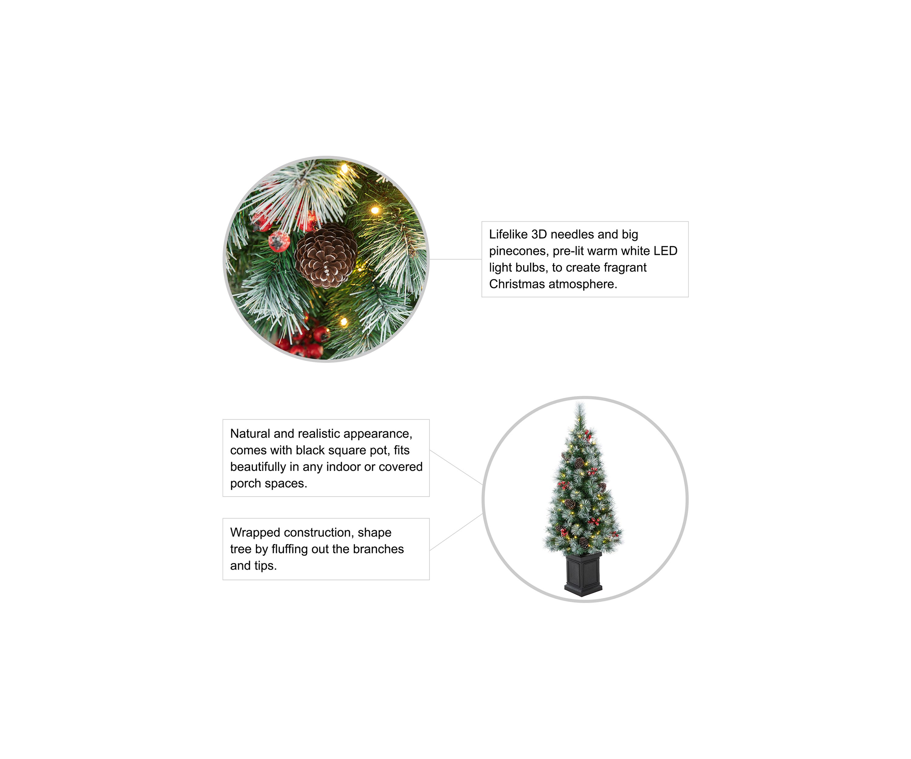 4 Pre-Lit Pine Artificial Christmas Porch Tree with Lights, Pinecones and Red Berries