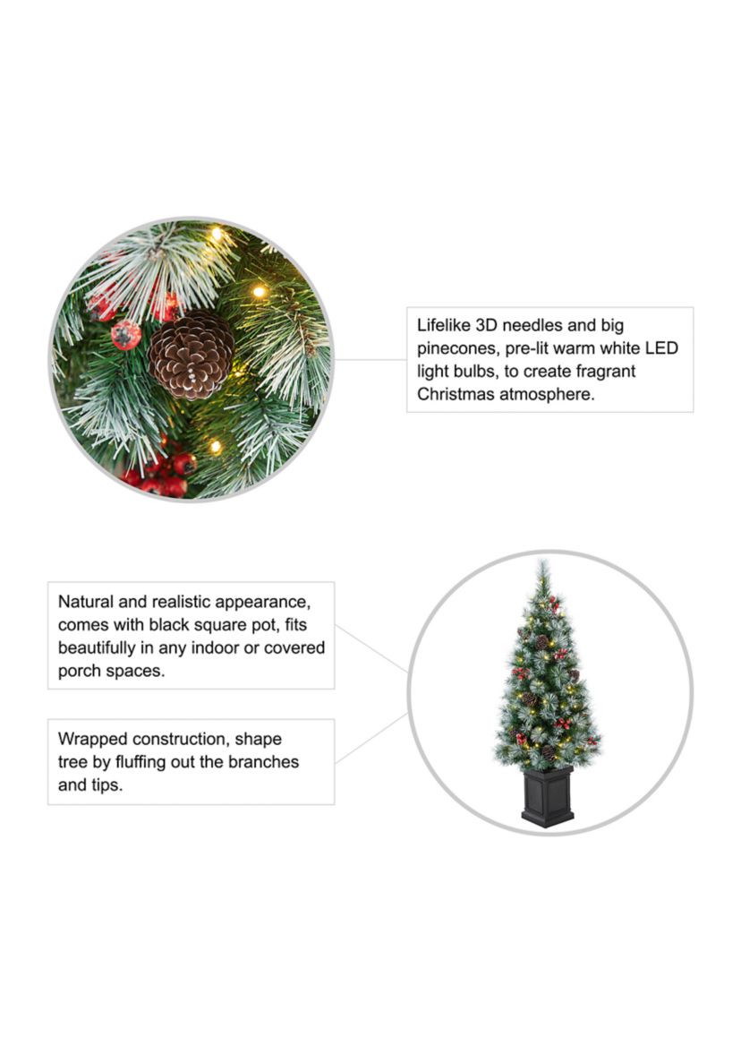 4 Pre-Lit Pine Artificial Christmas Porch Tree with Lights, Pinecones and Red Berries