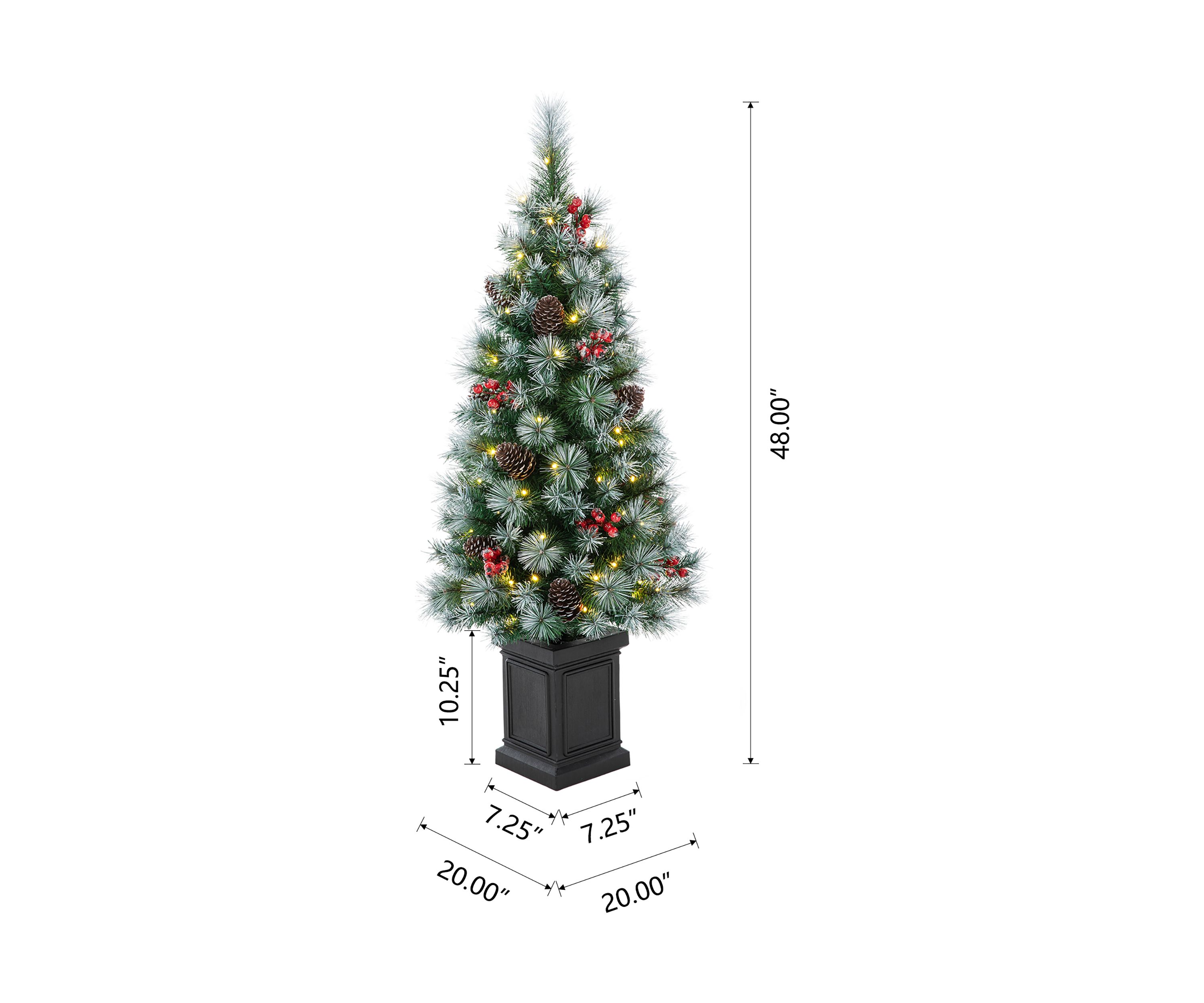 4 Pre-Lit Pine Artificial Christmas Porch Tree with Lights, Pinecones and Red Berries