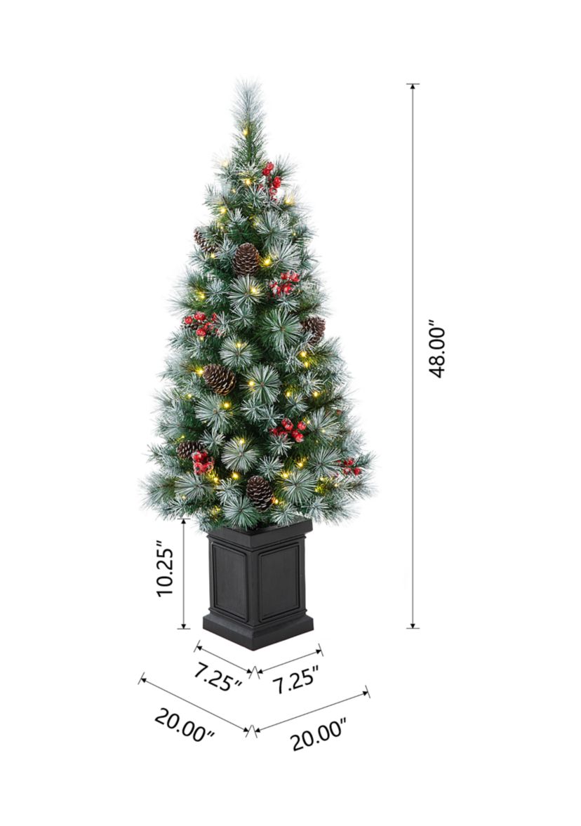4 Pre-Lit Pine Artificial Christmas Porch Tree with Lights, Pinecones and Red Berries