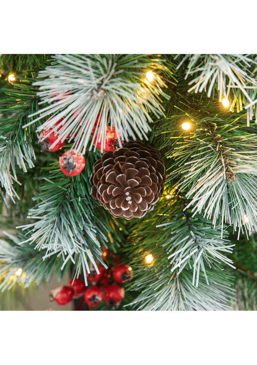 4 Pre-Lit Pine Artificial Christmas Porch Tree with Lights, Pinecones and Red Berries