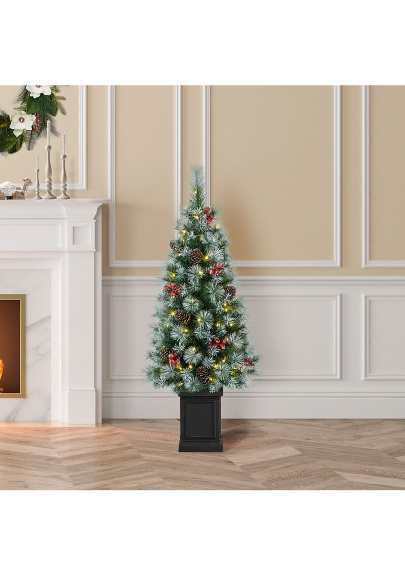 4 Pre-Lit Pine Artificial Christmas Porch Tree with Lights, Pinecones and Red Berries