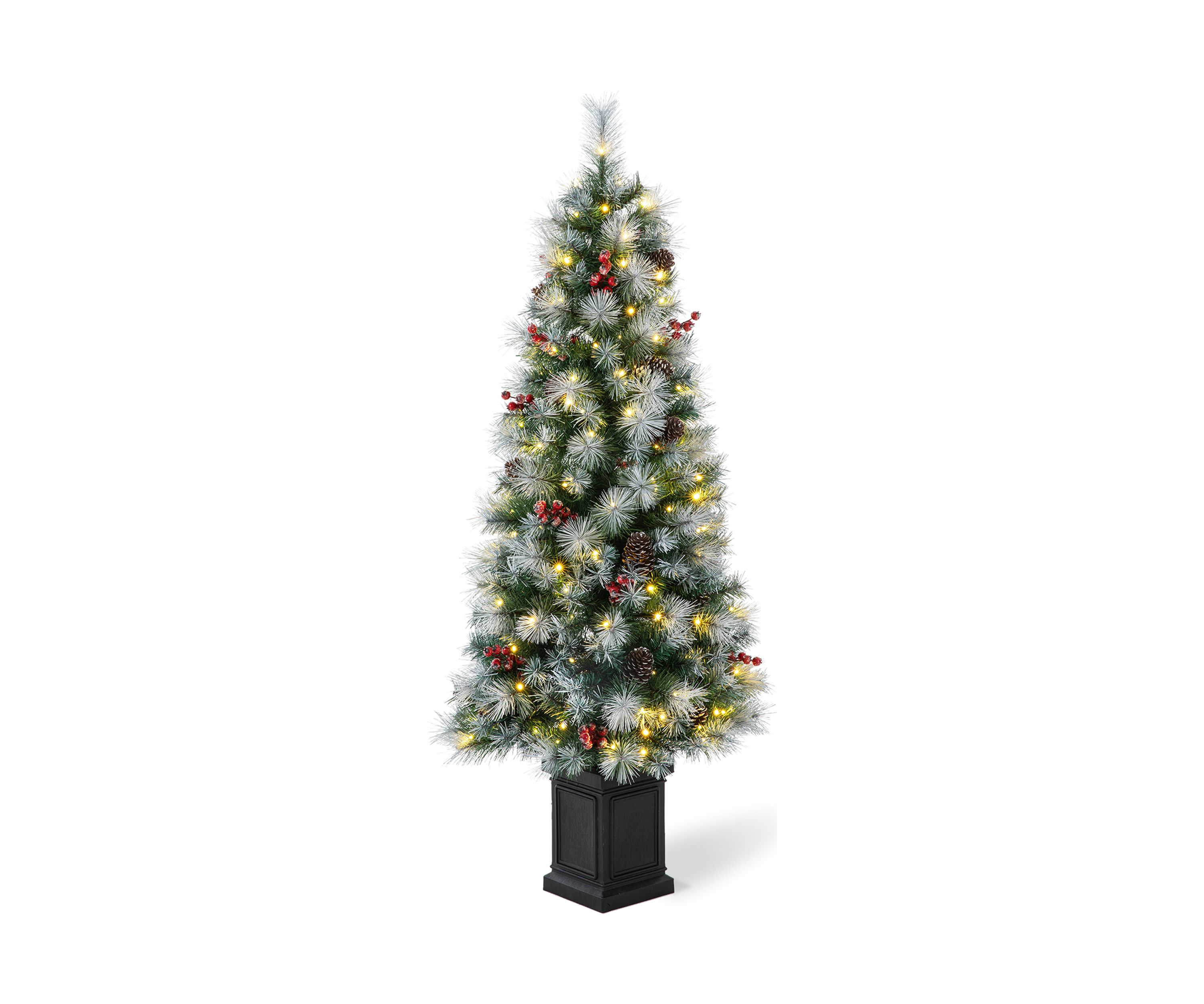 5 Pre-Lit Pine Artificial Christmas Porch Tree with Lights, Pinecones and Red Berries