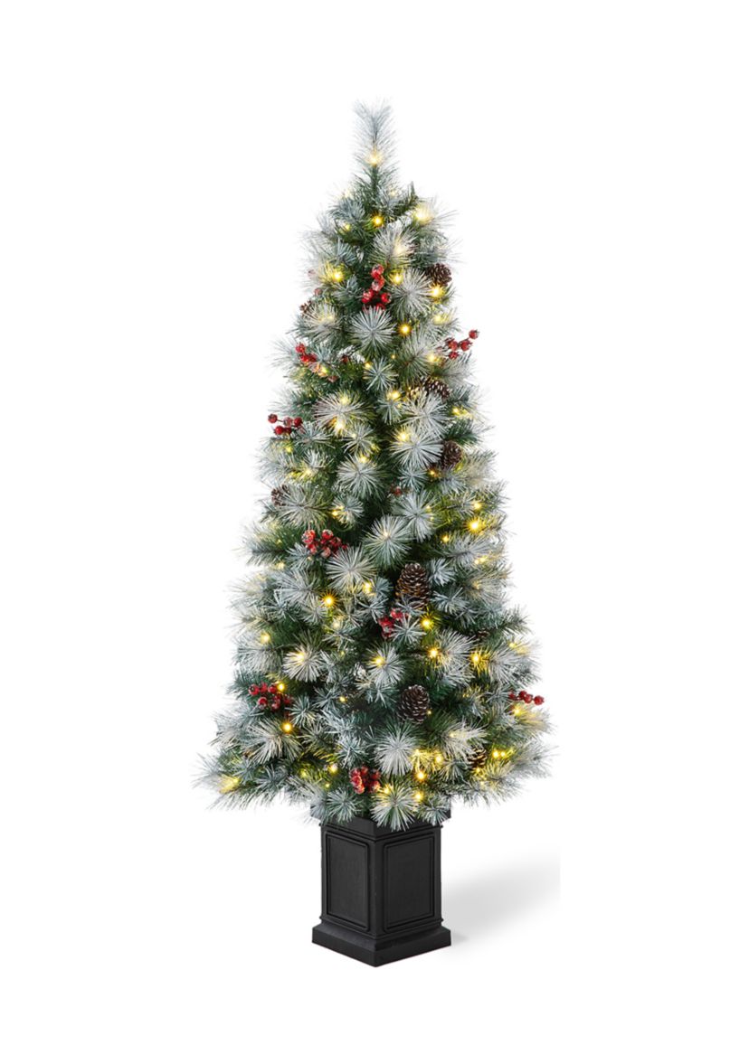 5 Pre-Lit Pine Artificial Christmas Porch Tree with Lights, Pinecones and Red Berries