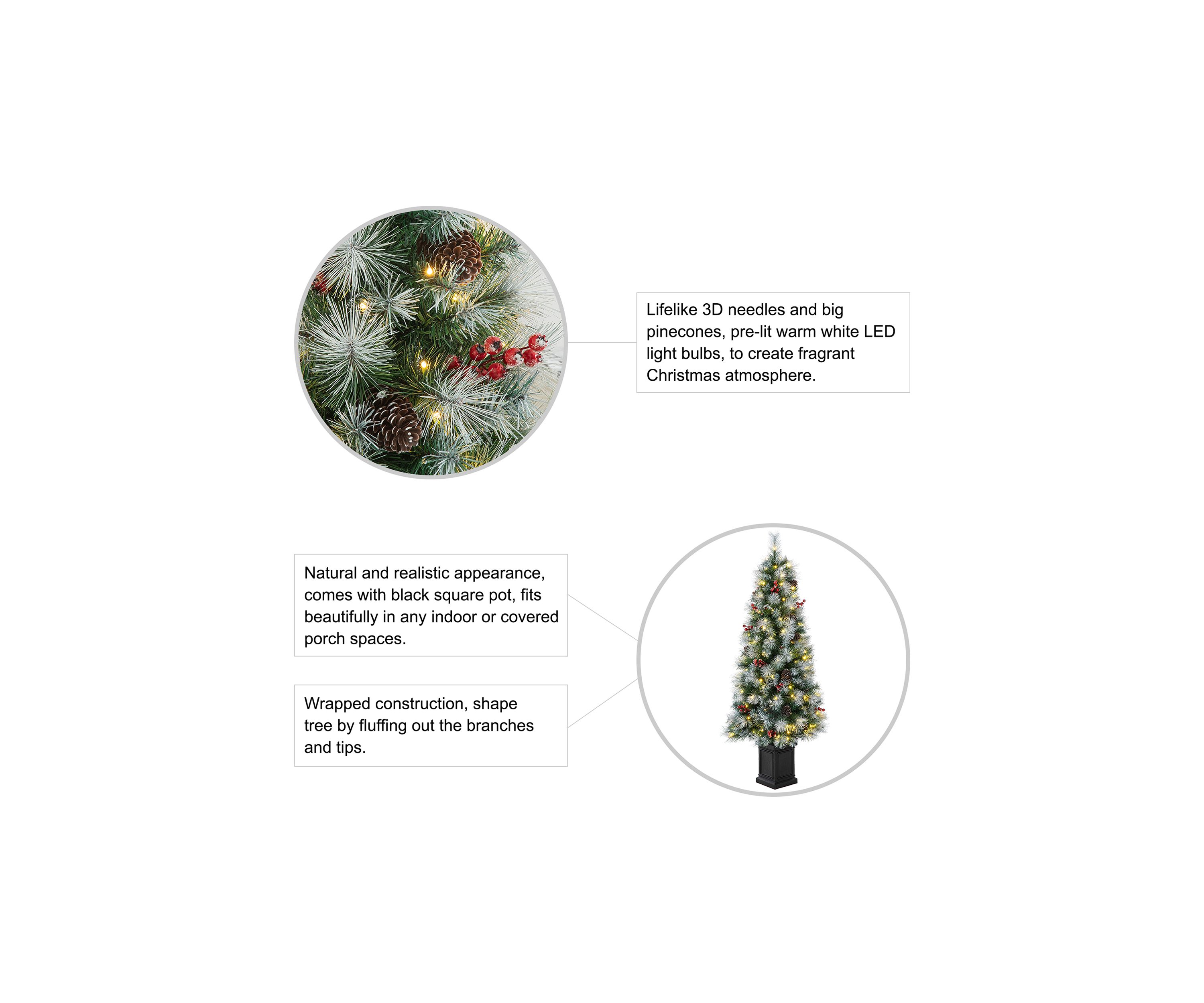 5 Pre-Lit Pine Artificial Christmas Porch Tree with Lights, Pinecones and Red Berries