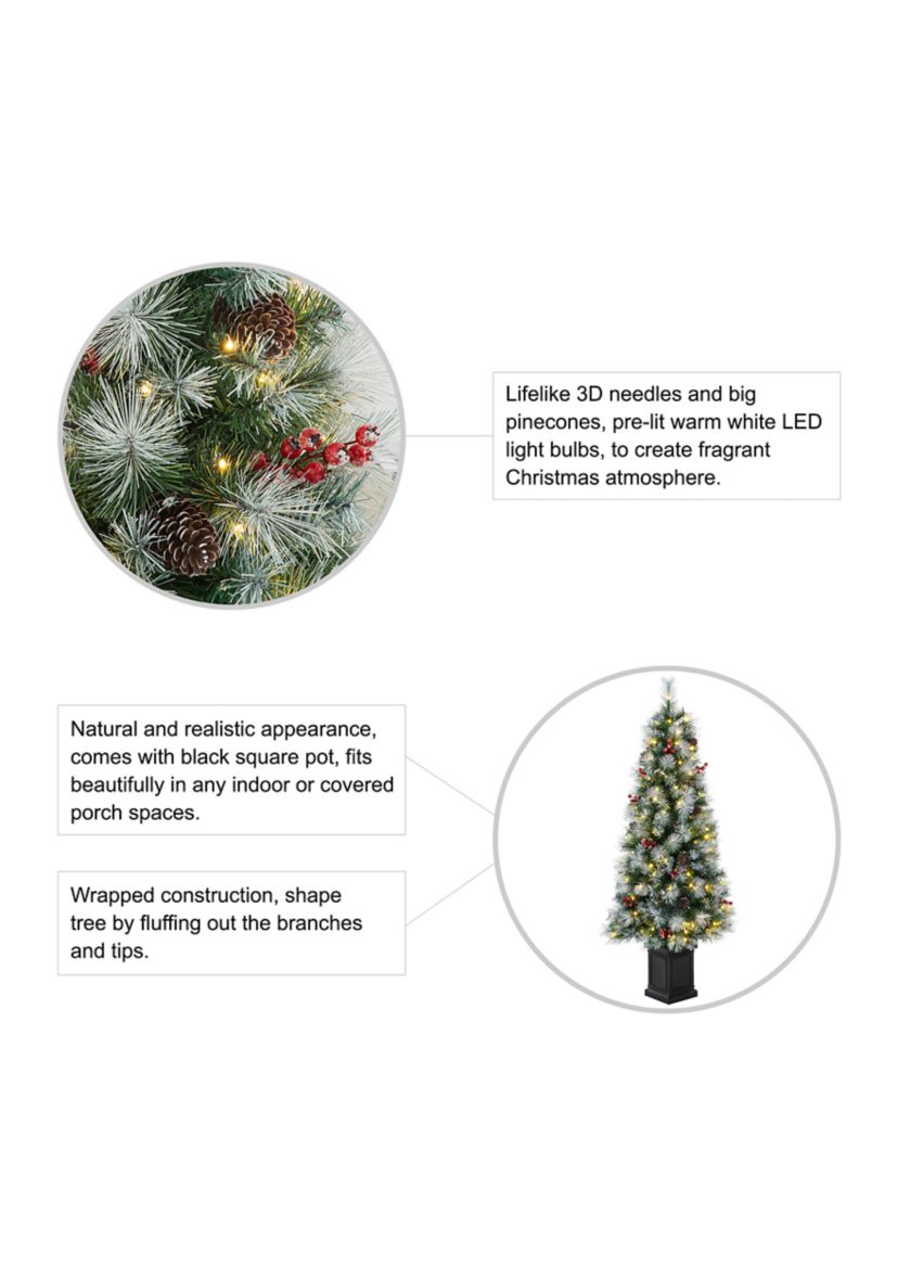 5 Pre-Lit Pine Artificial Christmas Porch Tree with Lights, Pinecones and Red Berries