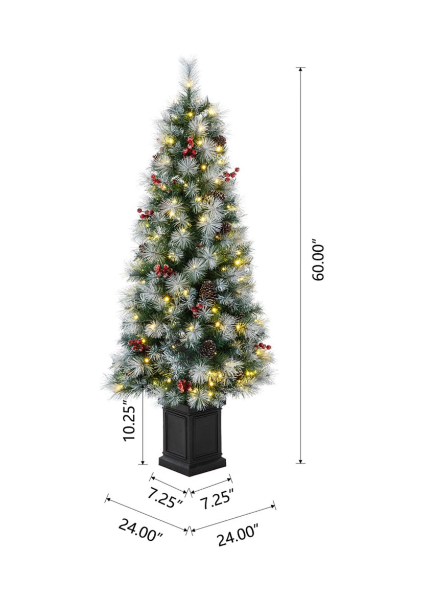 5 Pre-Lit Pine Artificial Christmas Porch Tree with Lights, Pinecones and Red Berries