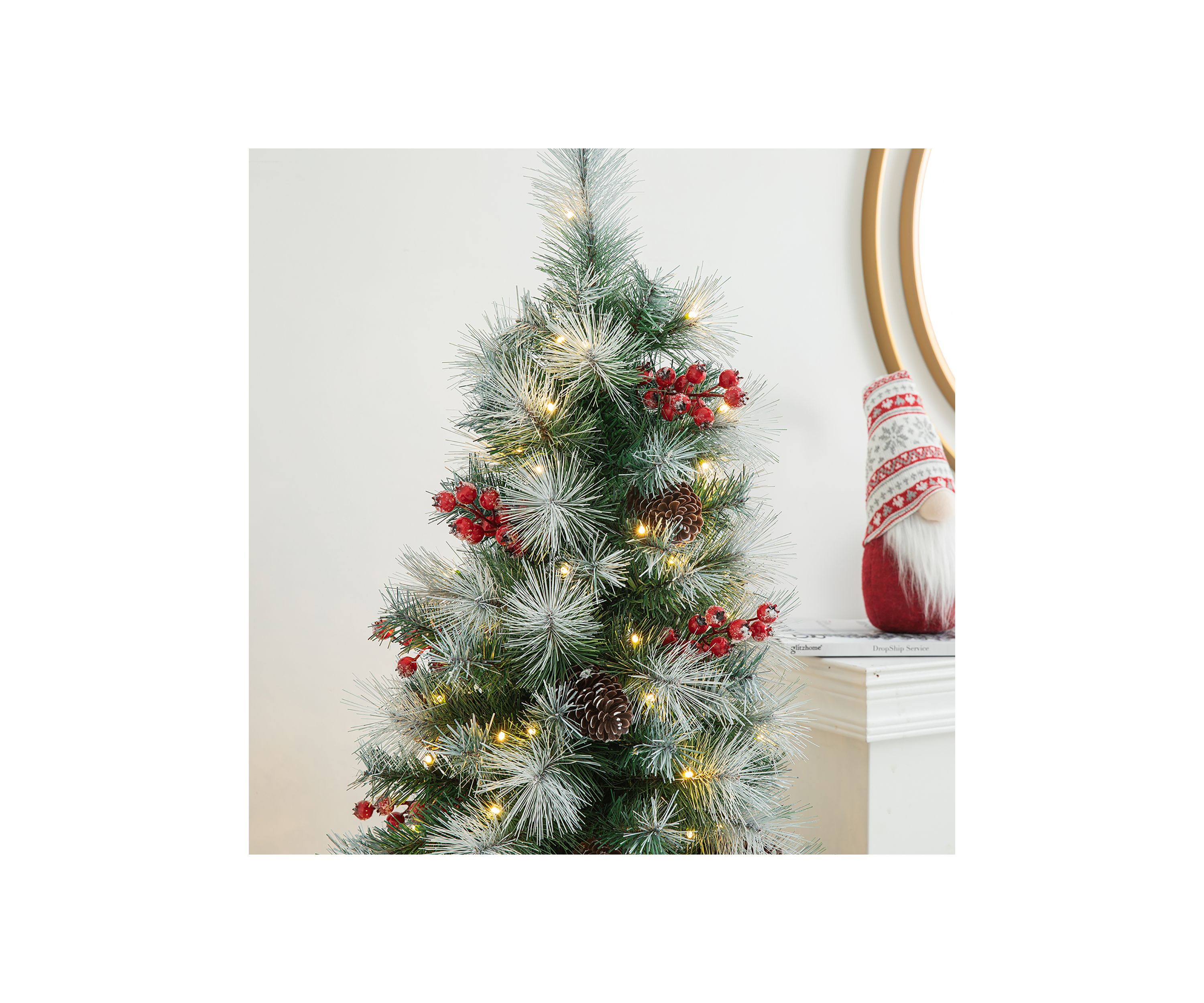 5 Pre-Lit Pine Artificial Christmas Porch Tree with Lights, Pinecones and Red Berries