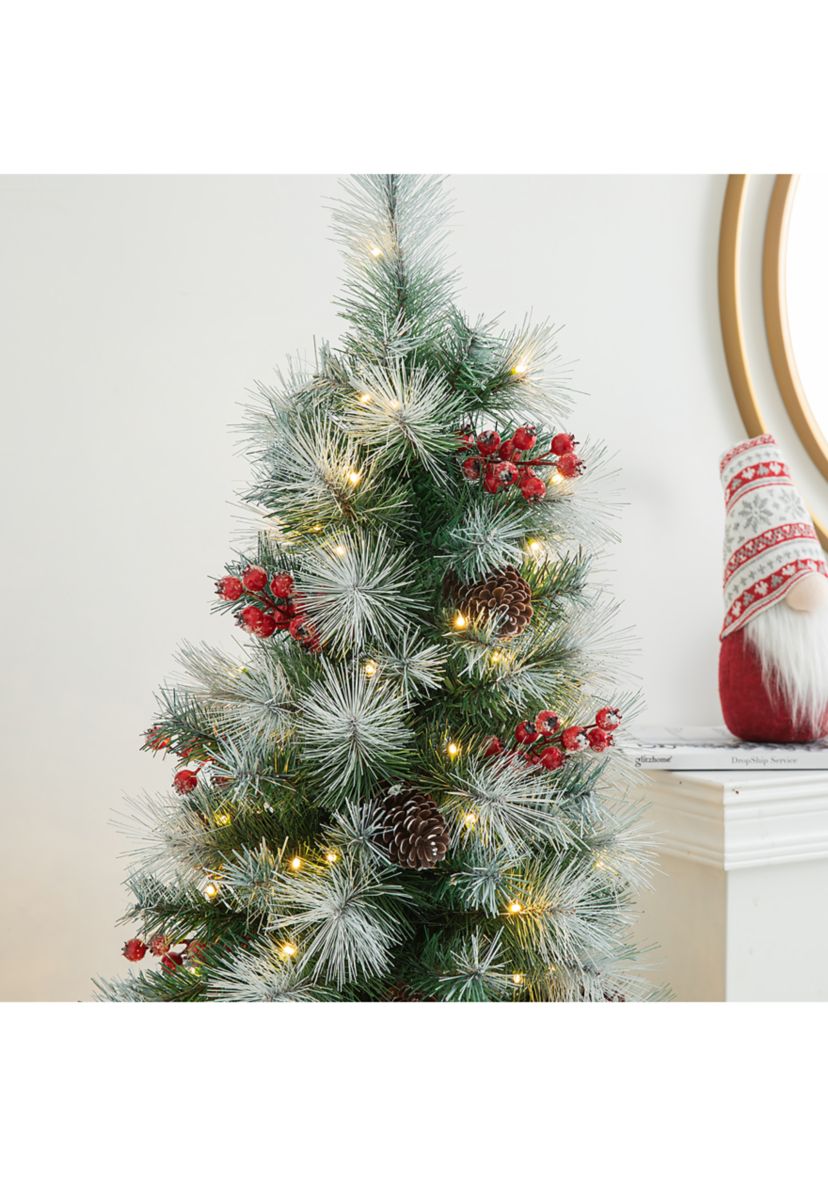5 Pre-Lit Pine Artificial Christmas Porch Tree with Lights, Pinecones and Red Berries