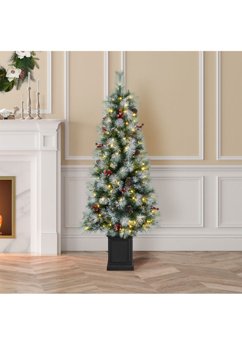 5 Pre-Lit Pine Artificial Christmas Porch Tree with Lights, Pinecones and Red Berries