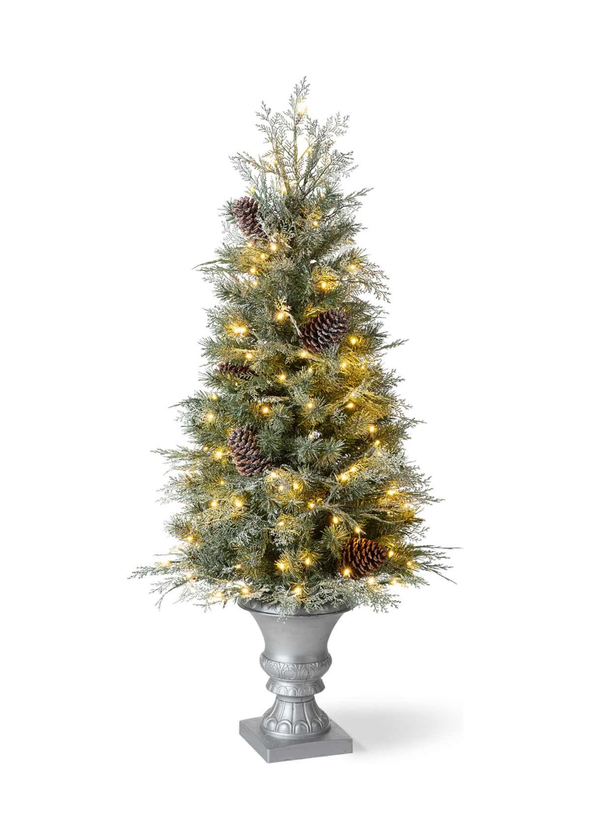 4 Pre-Lit Pine Artificial Christmas Porch Tree with Lights and Pinecones