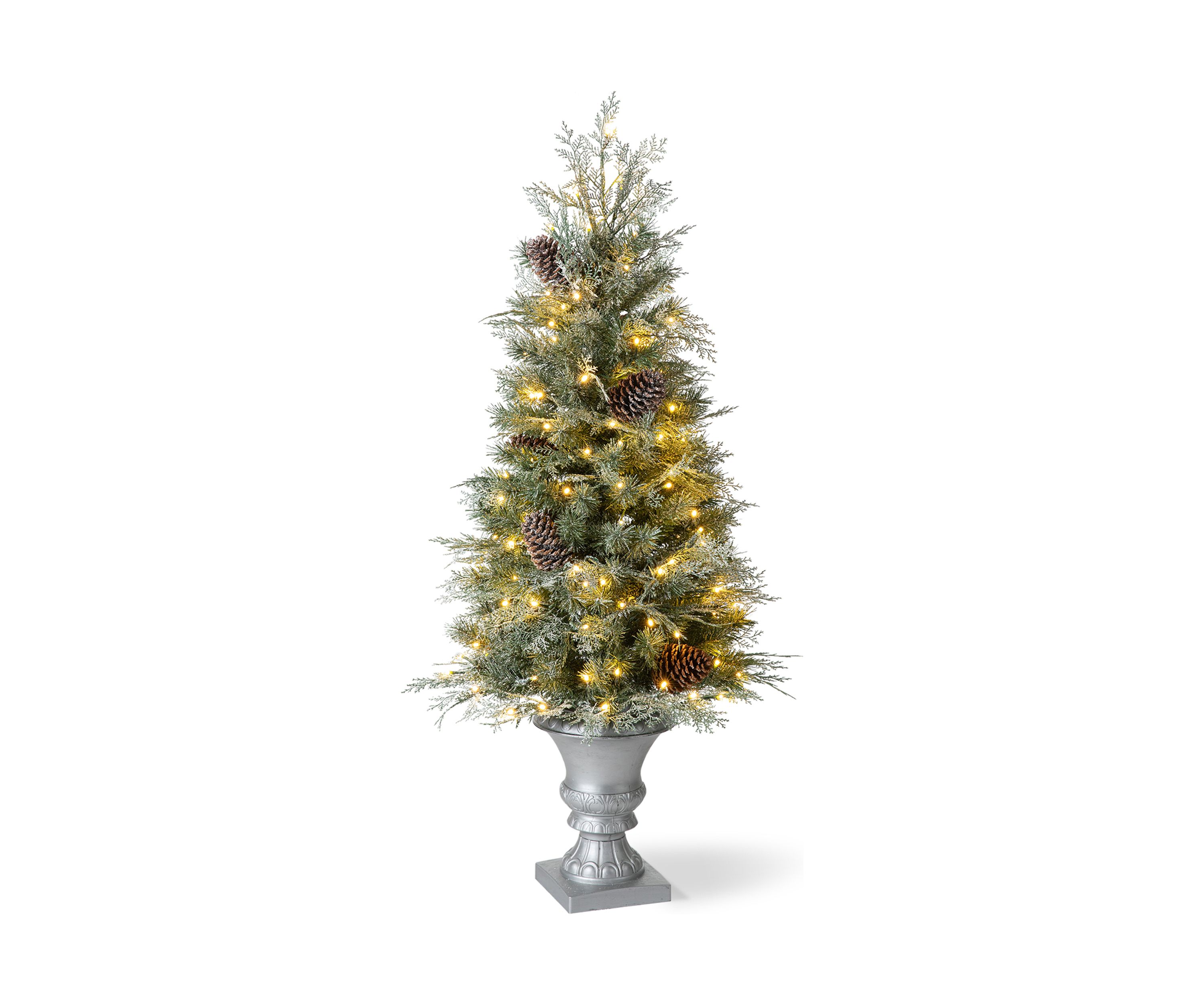 4 Pre-Lit Pine Artificial Christmas Porch Tree with Lights and Pinecones