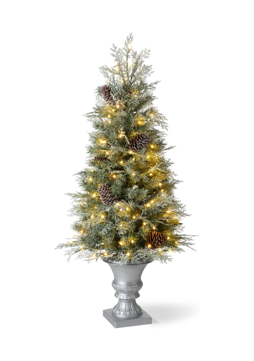 4 Pre-Lit Pine Artificial Christmas Porch Tree with Lights and Pinecones