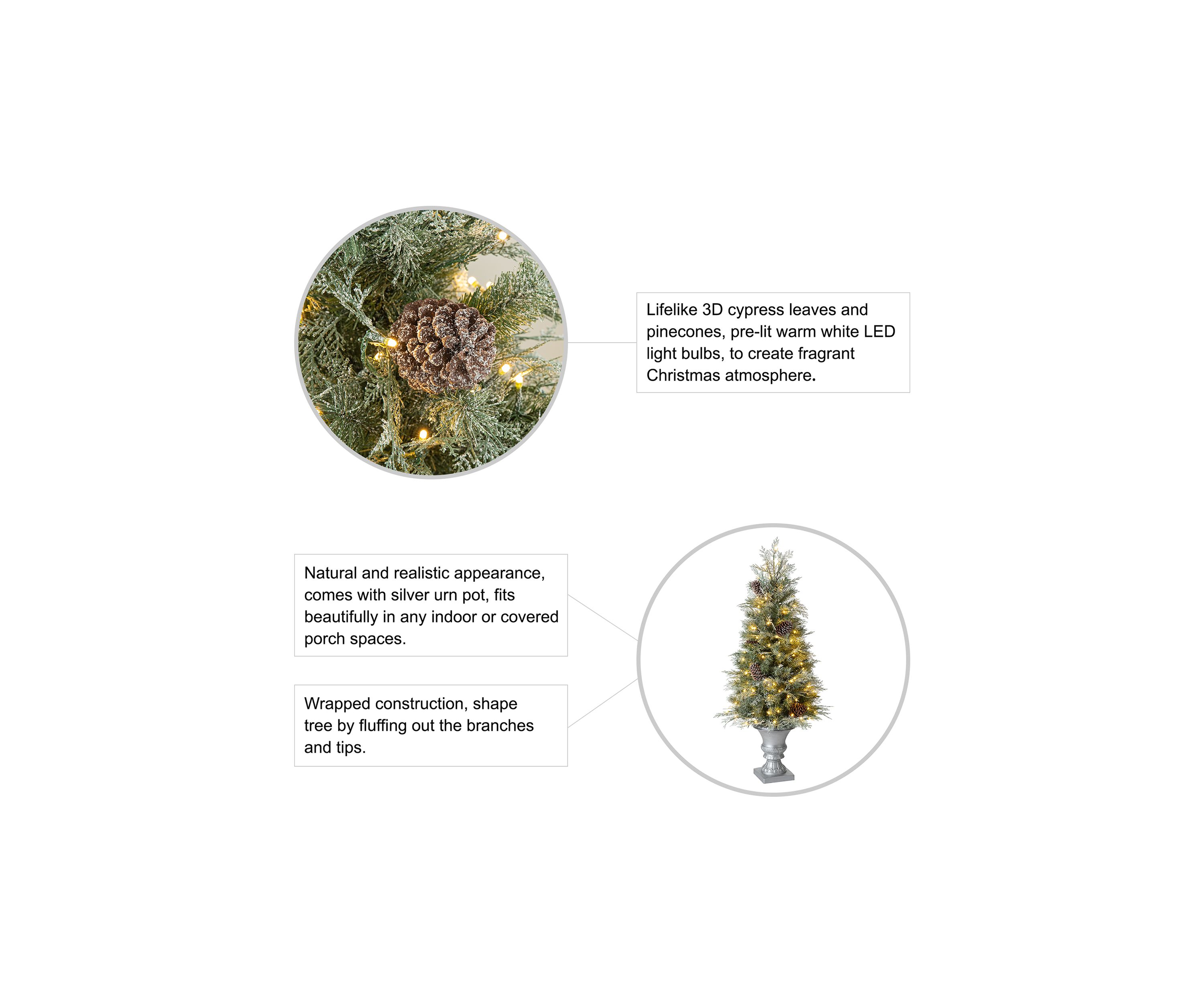 4 Pre-Lit Pine Artificial Christmas Porch Tree with Lights and Pinecones