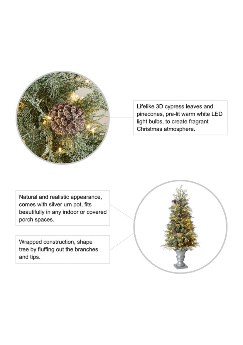 4 Pre-Lit Pine Artificial Christmas Porch Tree with Lights and Pinecones