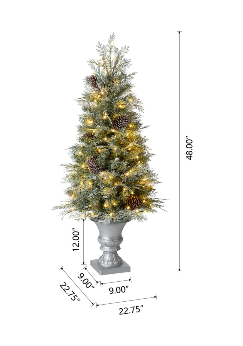 4 Pre-Lit Pine Artificial Christmas Porch Tree with Lights and Pinecones