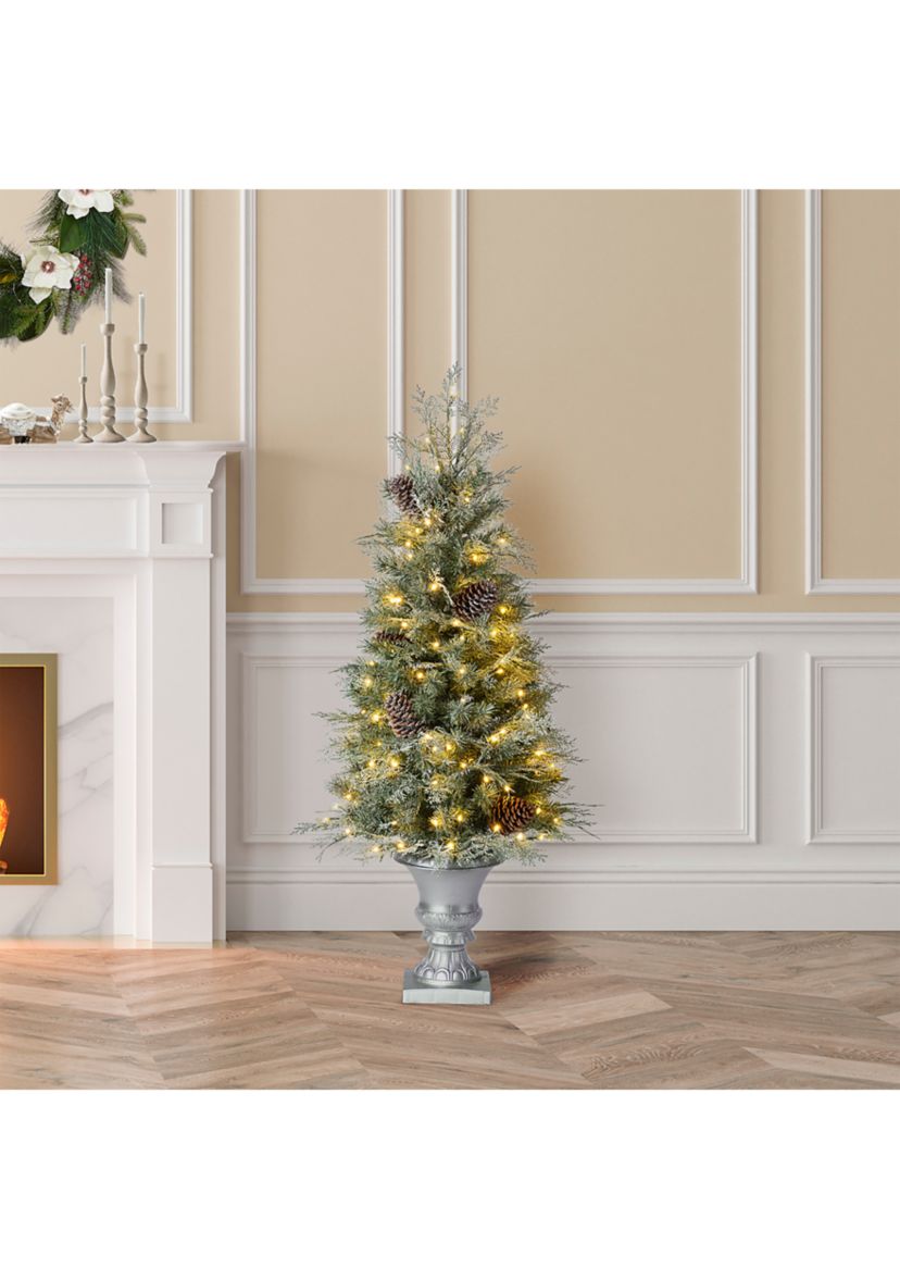 4 Pre-Lit Pine Artificial Christmas Porch Tree with Lights and Pinecones