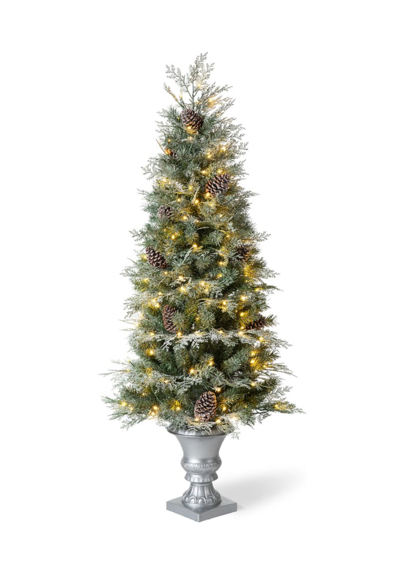 5 Pre-Lit Pine Artificial Christmas Porch Tree with Lights and Pinecones
