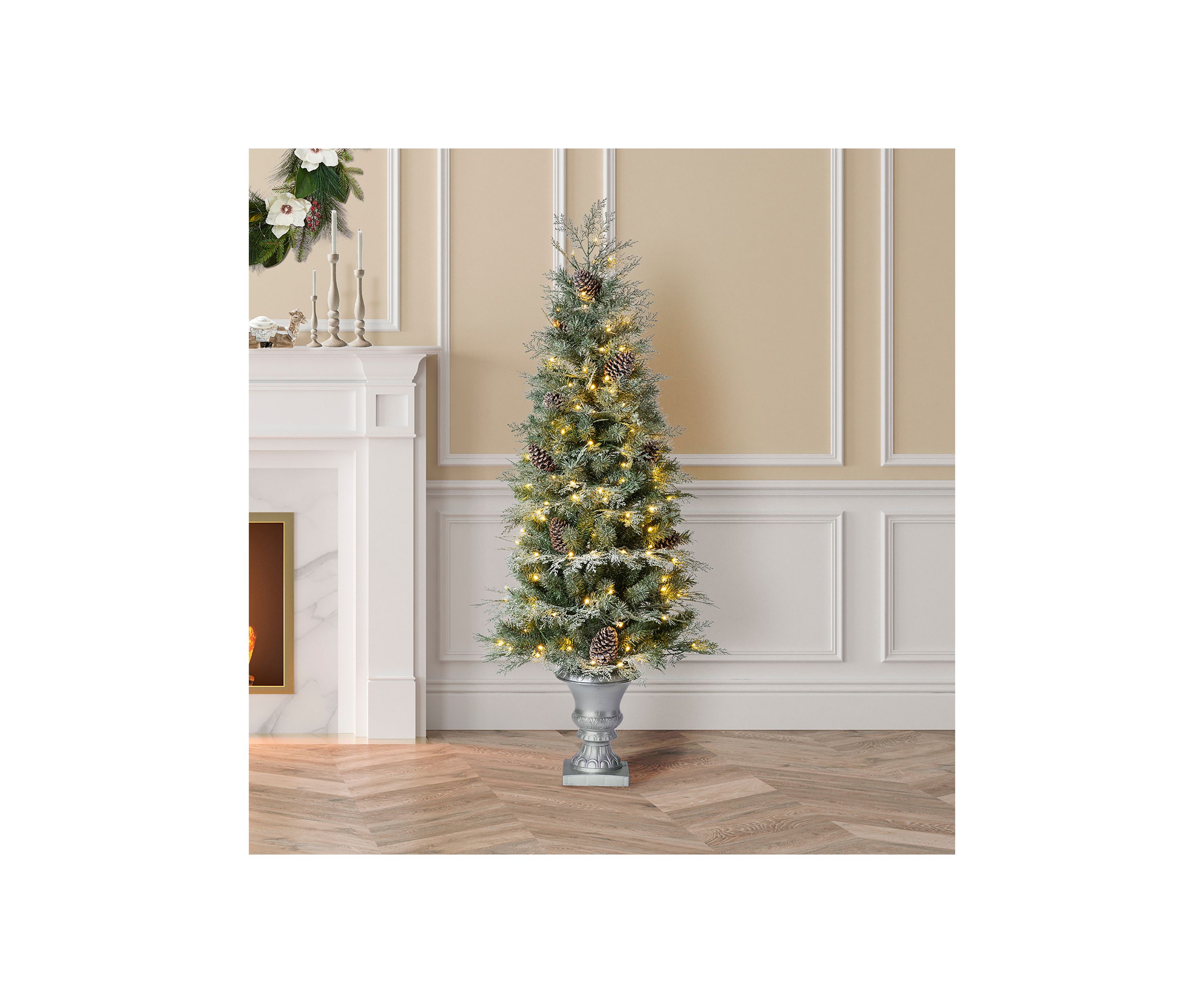 5 Pre-Lit Pine Artificial Christmas Porch Tree with Lights and Pinecones
