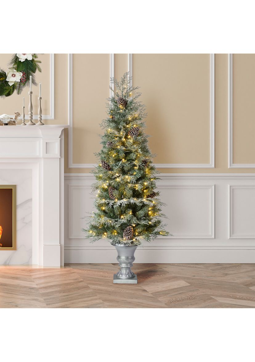 5 Pre-Lit Pine Artificial Christmas Porch Tree with Lights and Pinecones