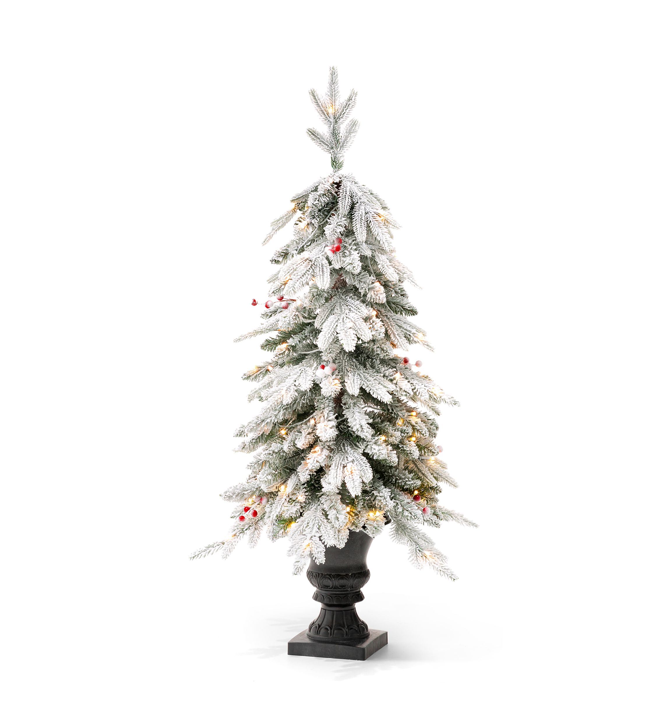 4-foot Pre-Lit Flocked Fir Artificial Christmas Porch Tree with 100 Warm White Lights and Red Berries