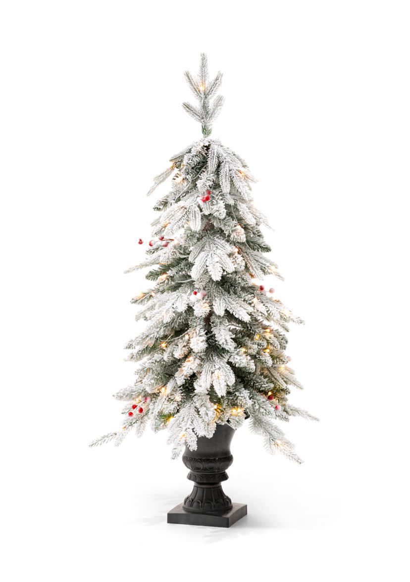 4-foot Pre-Lit Flocked Fir Artificial Christmas Porch Tree with 100 Warm White Lights and Red Berries