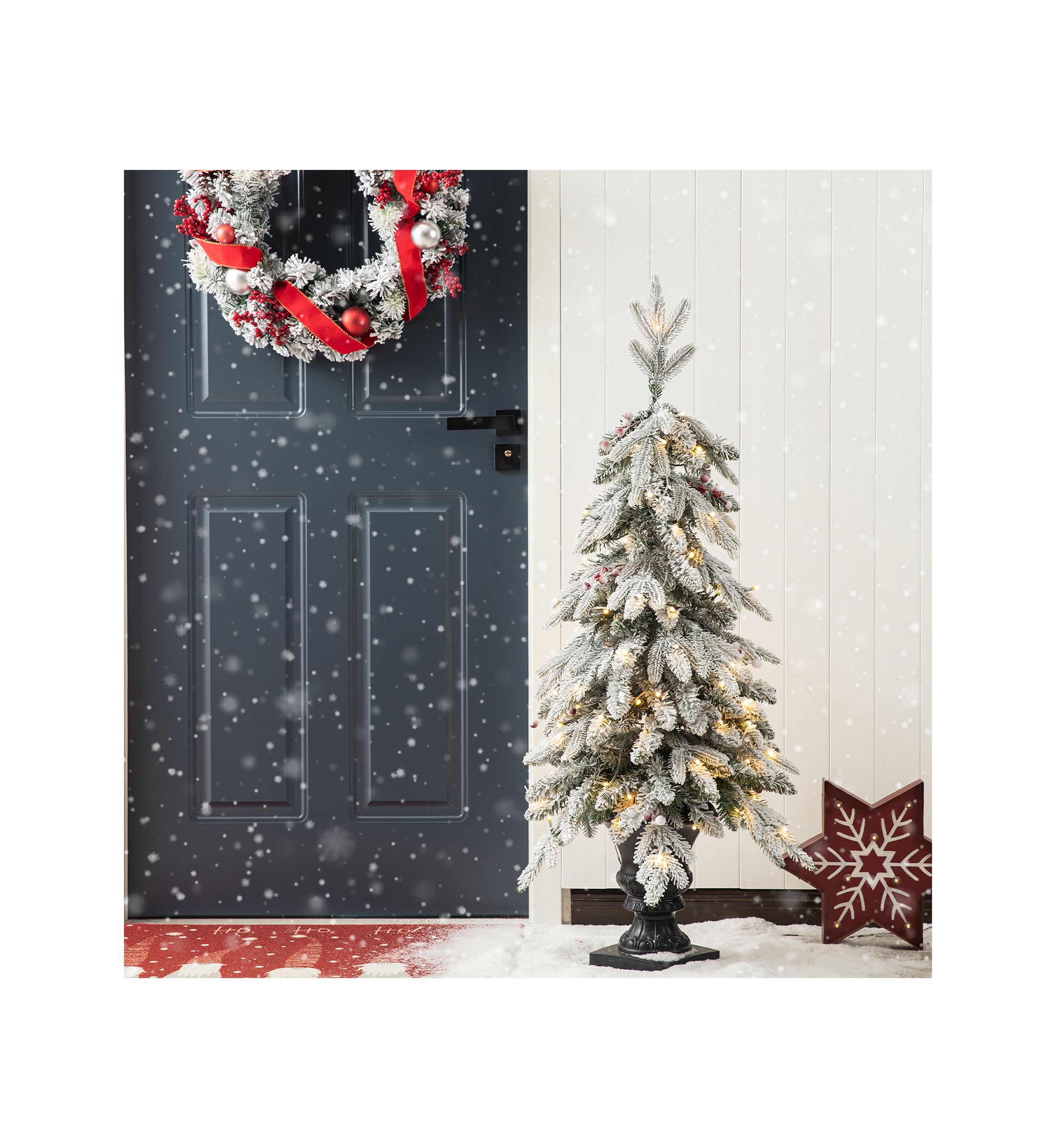 4-foot Pre-Lit Flocked Fir Artificial Christmas Porch Tree with 100 Warm White Lights and Red Berries