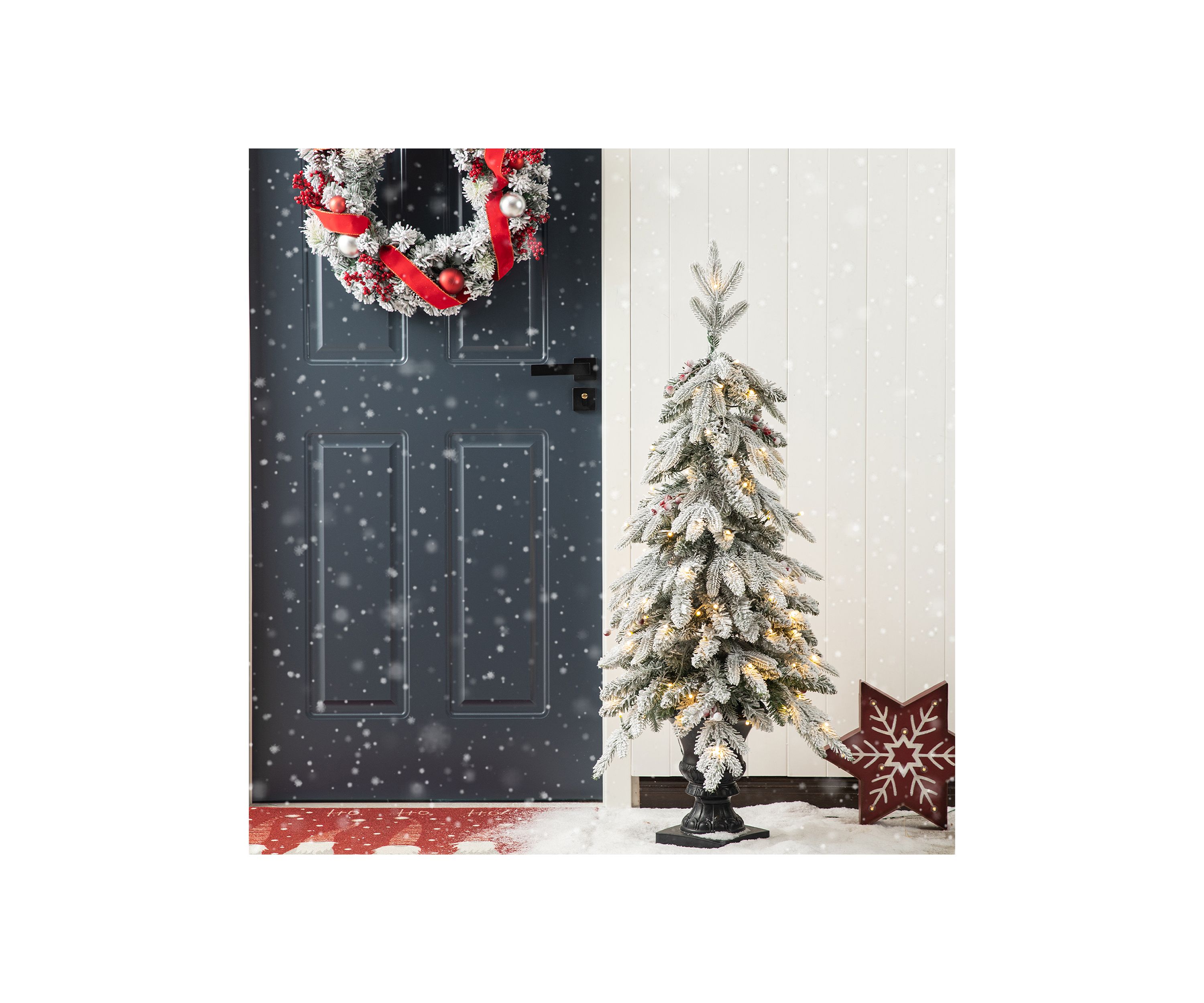 4-foot Pre-Lit Flocked Fir Artificial Christmas Porch Tree with 100 Warm White Lights and Red Berries