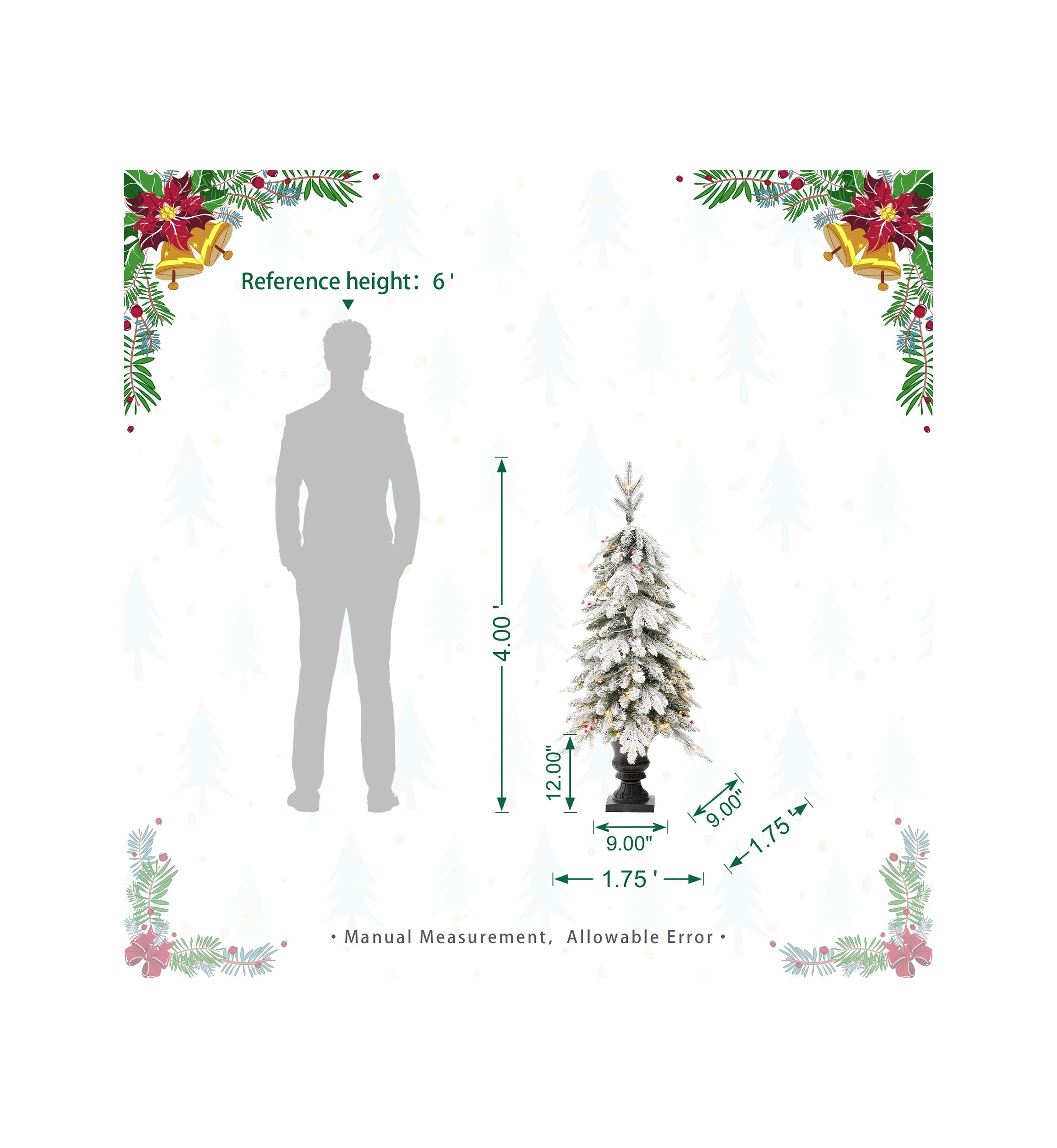 4-foot Pre-Lit Flocked Fir Artificial Christmas Porch Tree with 100 Warm White Lights and Red Berries