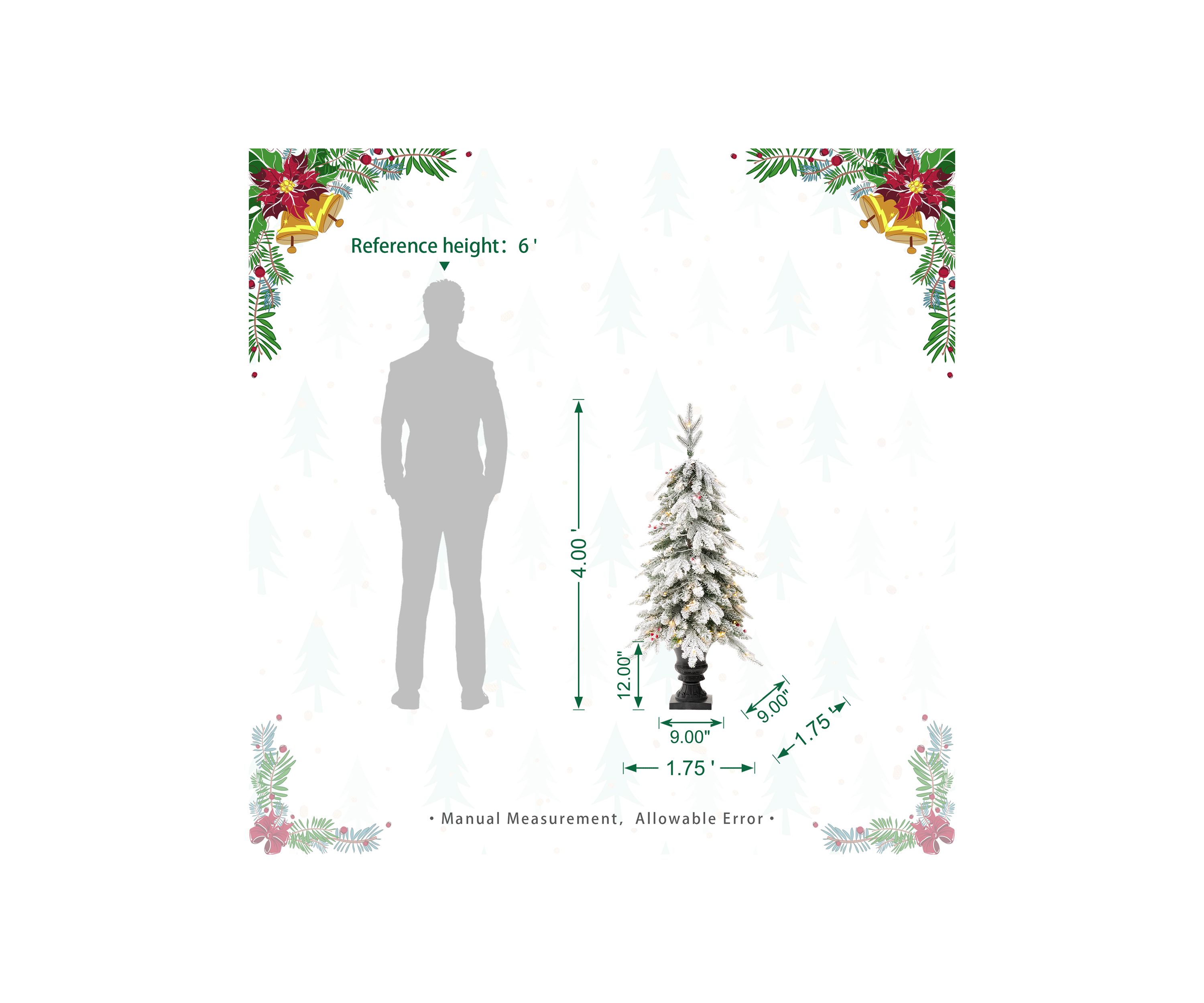 4-foot Pre-Lit Flocked Fir Artificial Christmas Porch Tree with 100 Warm White Lights and Red Berries
