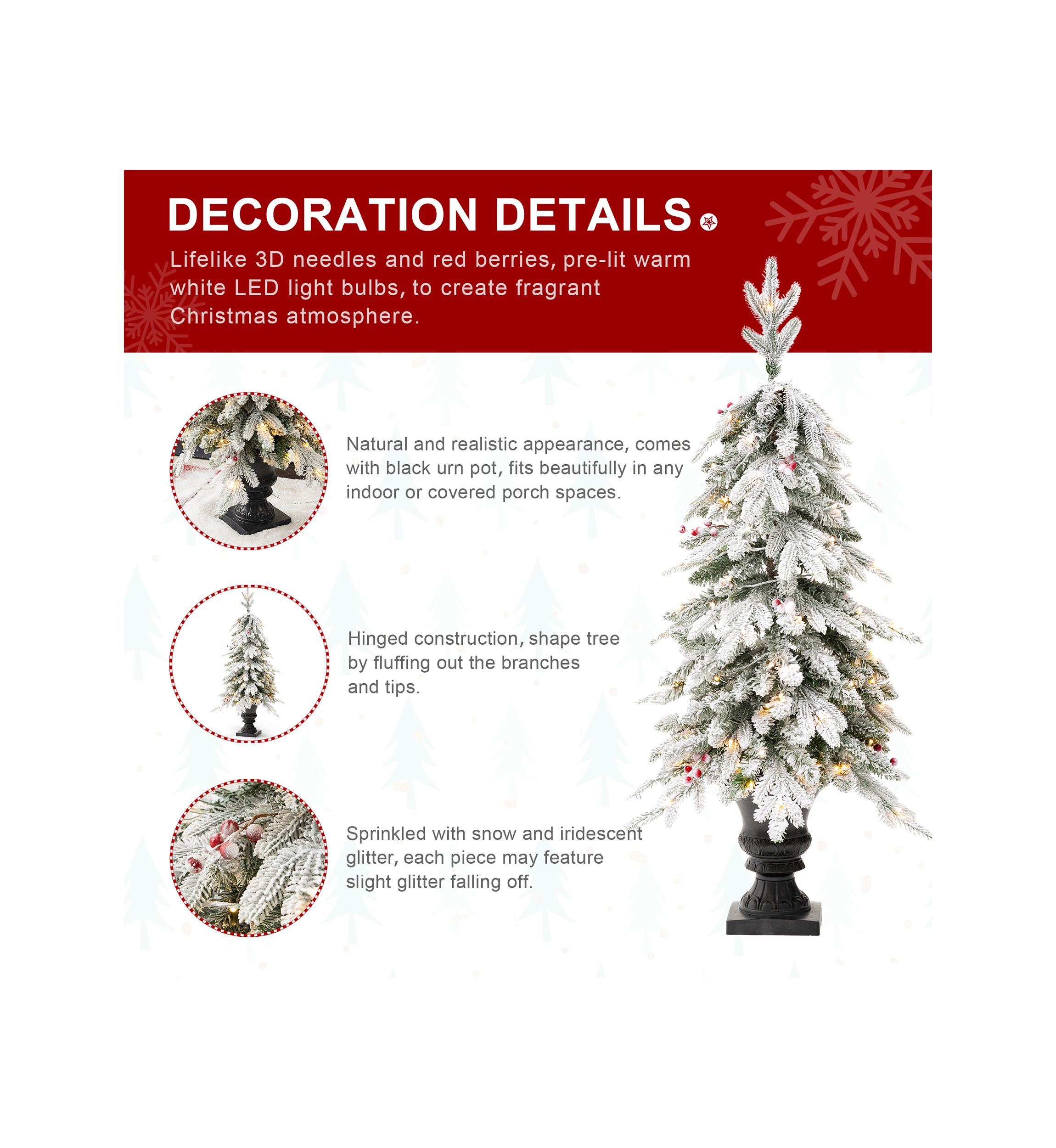 4-foot Pre-Lit Flocked Fir Artificial Christmas Porch Tree with 100 Warm White Lights and Red Berries