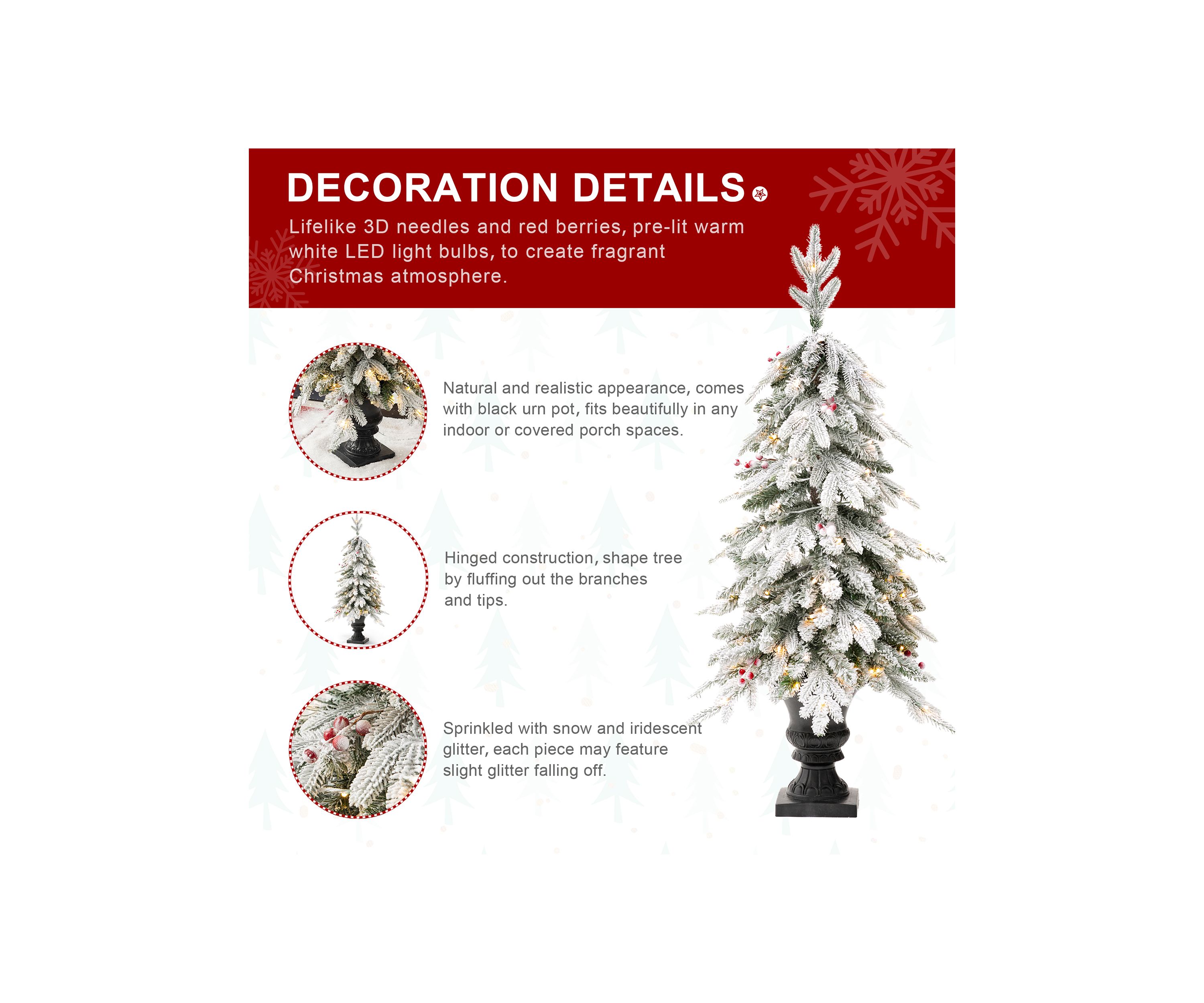 4-foot Pre-Lit Flocked Fir Artificial Christmas Porch Tree with 100 Warm White Lights and Red Berries