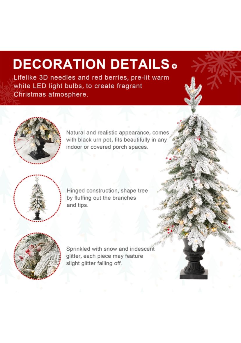 4-foot Pre-Lit Flocked Fir Artificial Christmas Porch Tree with 100 Warm White Lights and Red Berries