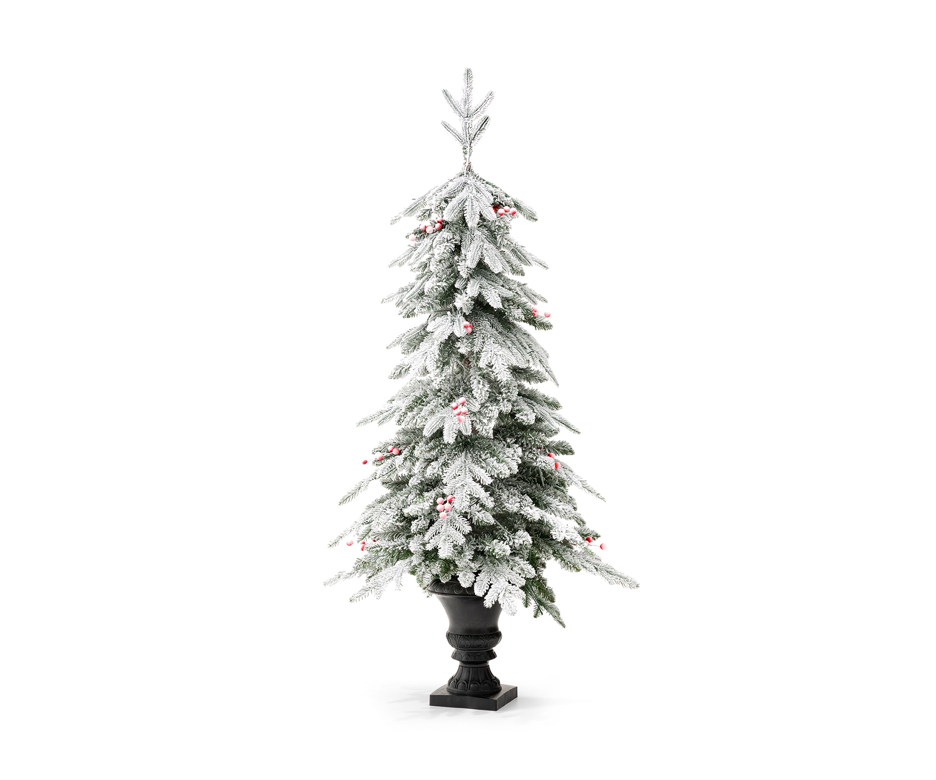 5-foot Pre-Lit Flocked Fir Artificial Christmas Porch Tree with 150 Warm White Lights and Red Berries